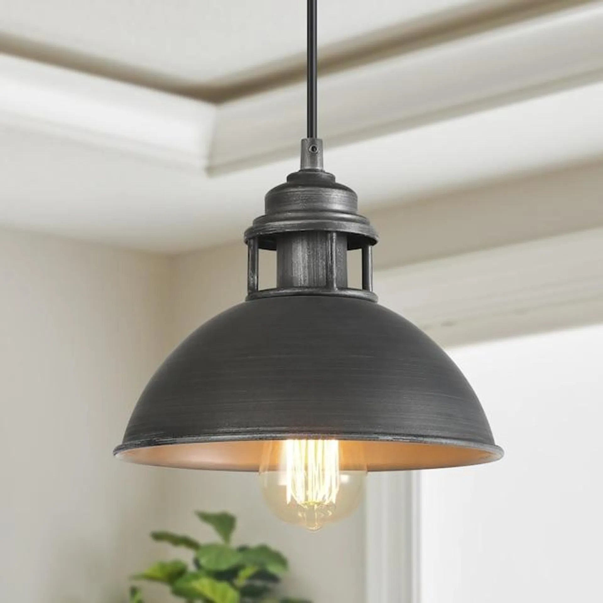 LNC Donnish Matte Black and Brushed Aged Gray Industrial Barn Farmhouse Dome LED Mini Hanging Kitchen Island Light