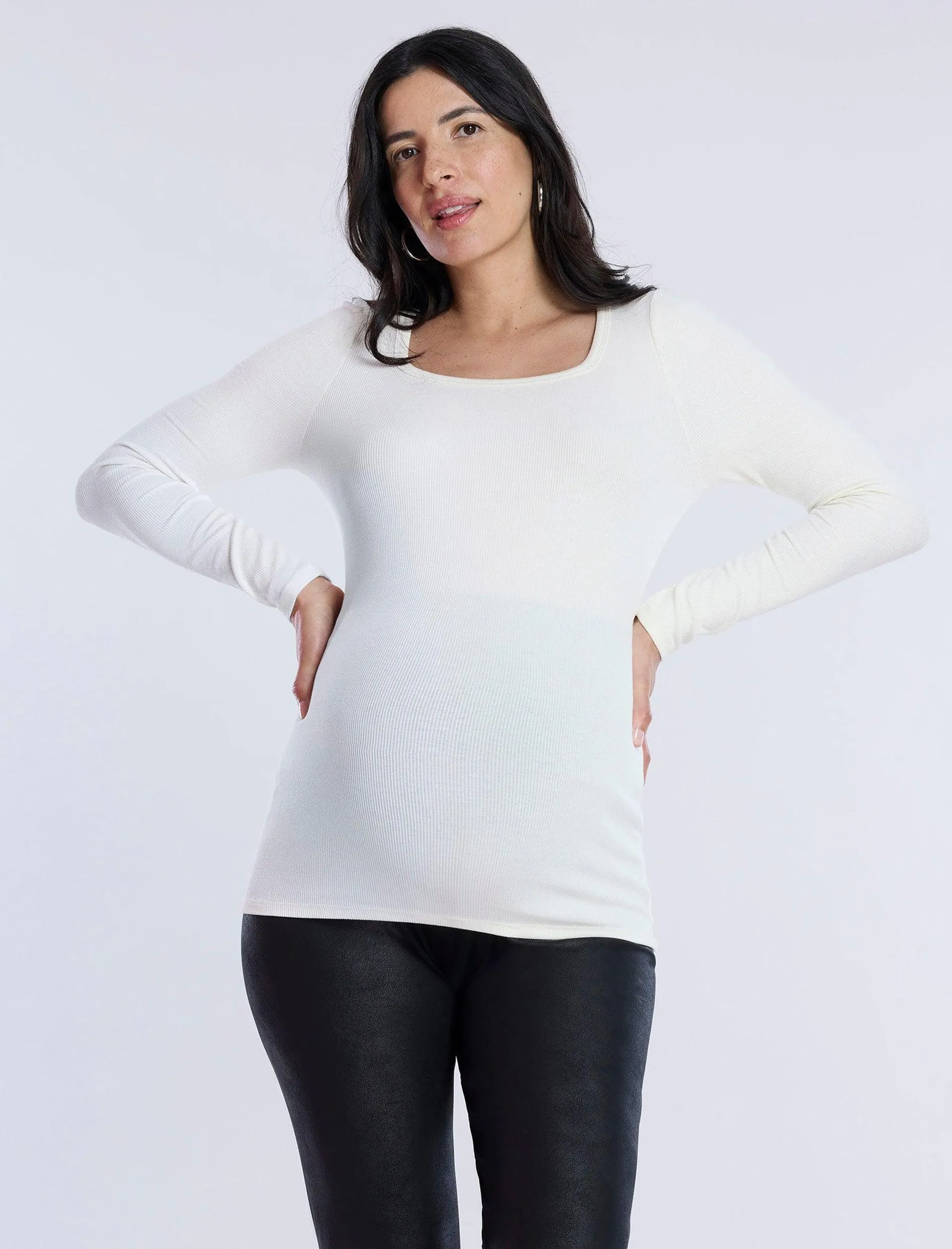 Long Sleeve Rib Knit Square Neck Tee