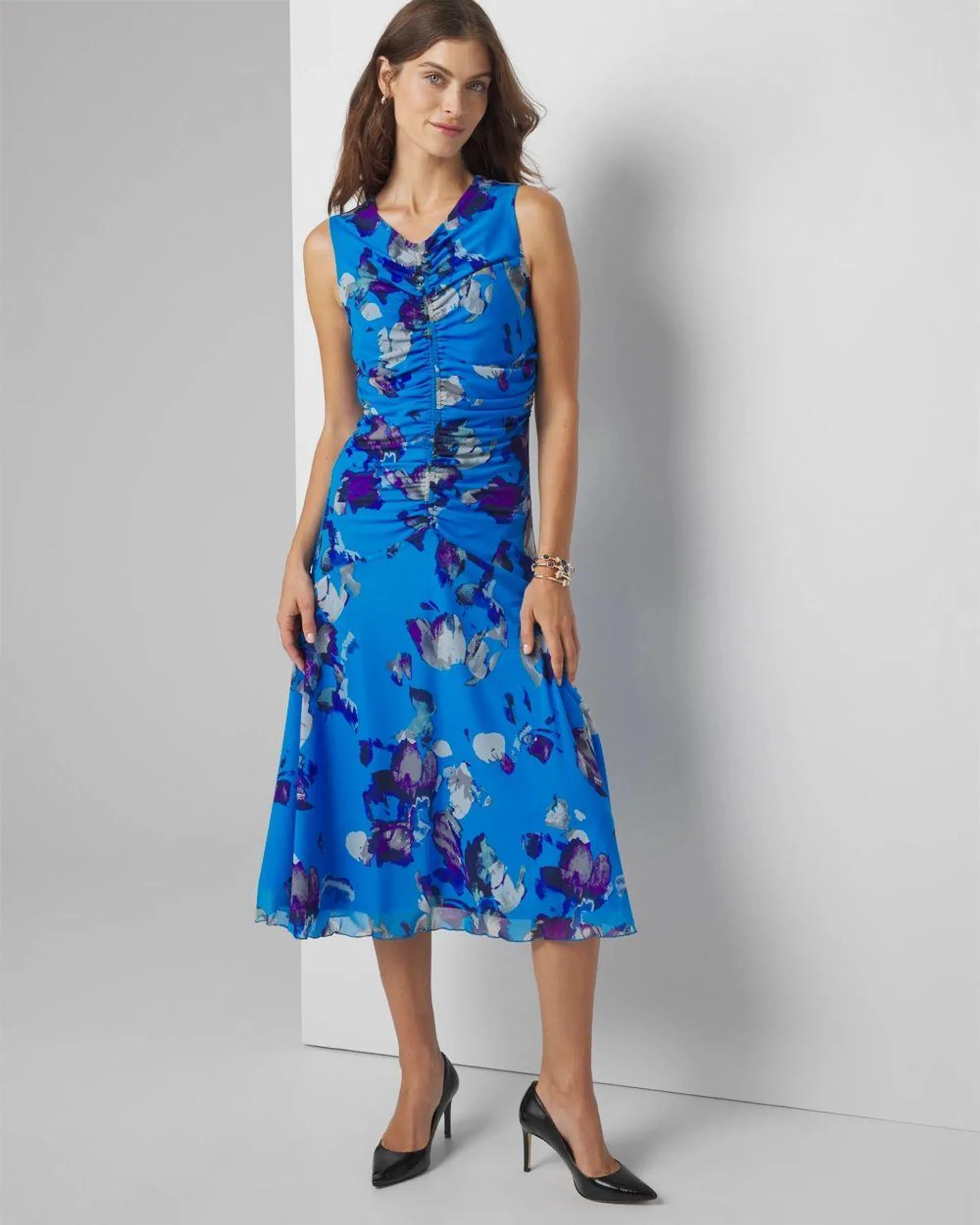 Sleeveless Mesh Floral Print Midi Dress