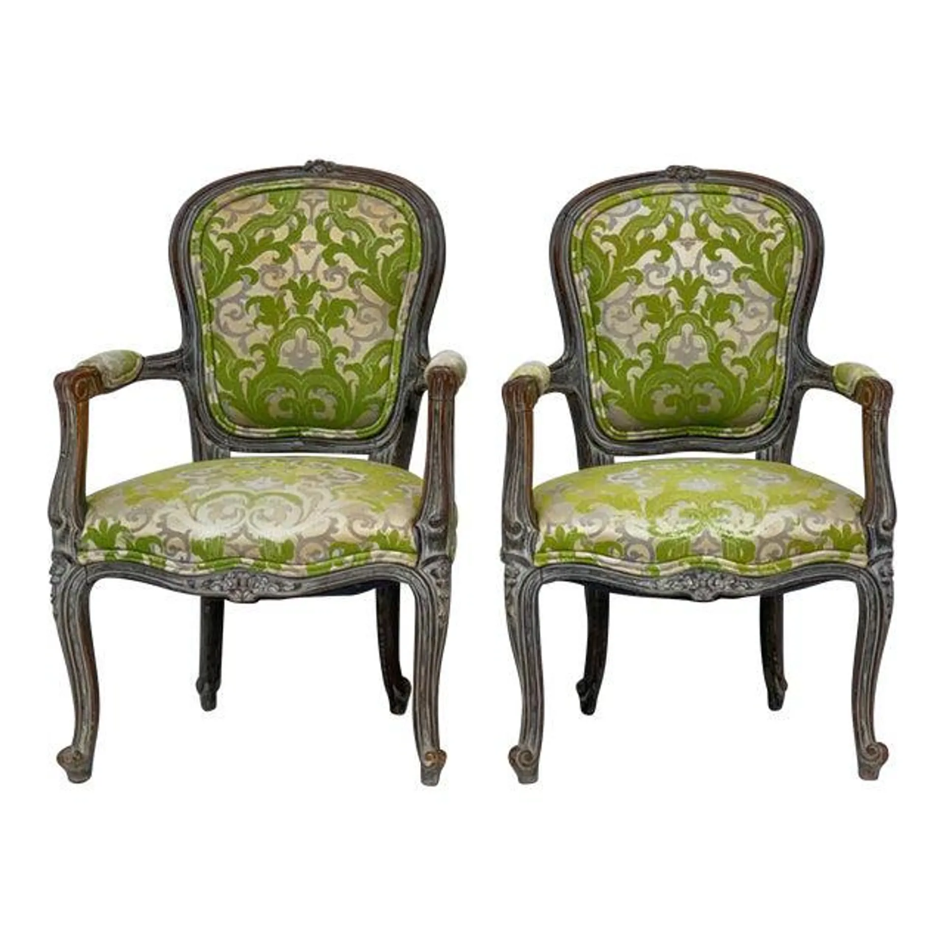 Early French Louis XVI Style Child’s Chairs in Chartreuse Damask, Pair