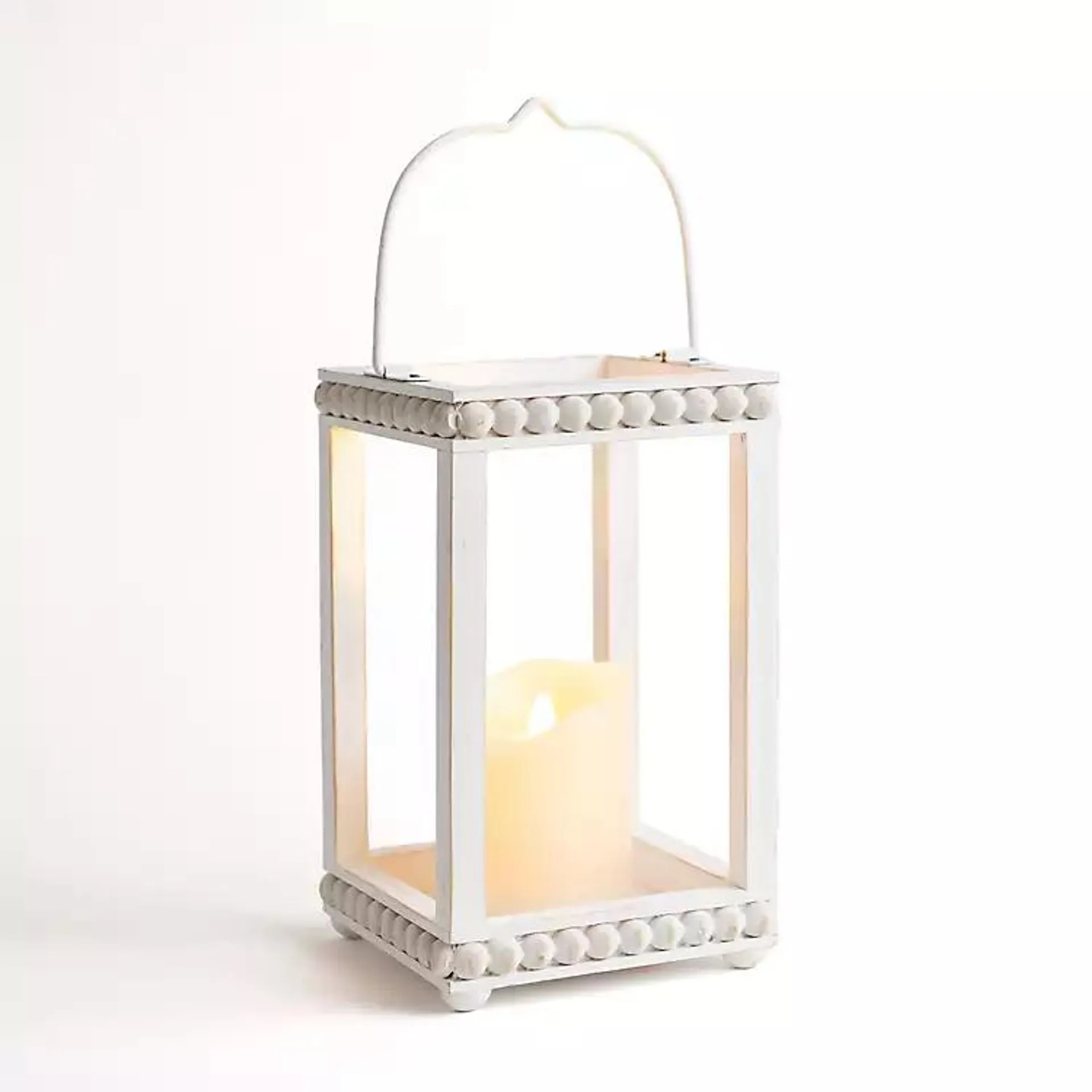 Heather White Beaded Wood Lantern, 10 in.