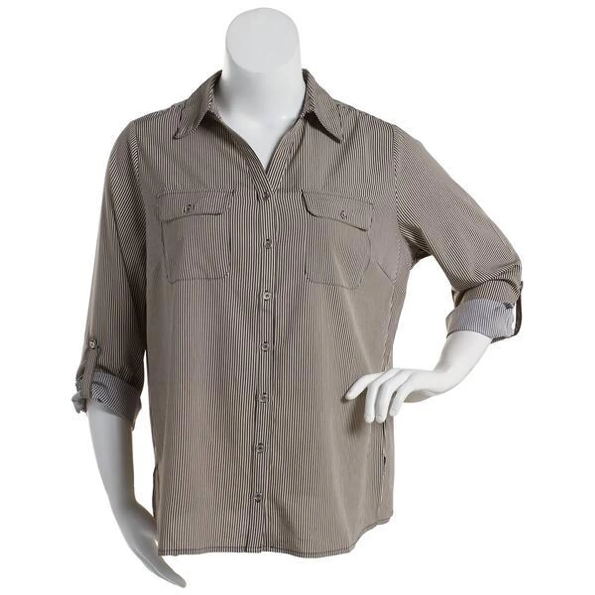 Plus Size Notations 3/4 Sleeve Pinstripe Casual Button Down