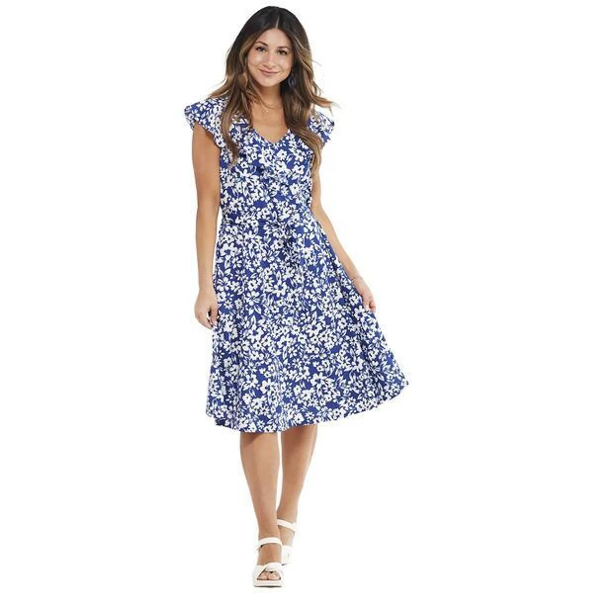 Petite Perceptions Ruffle Trim Floral A-Line Dress with Belt