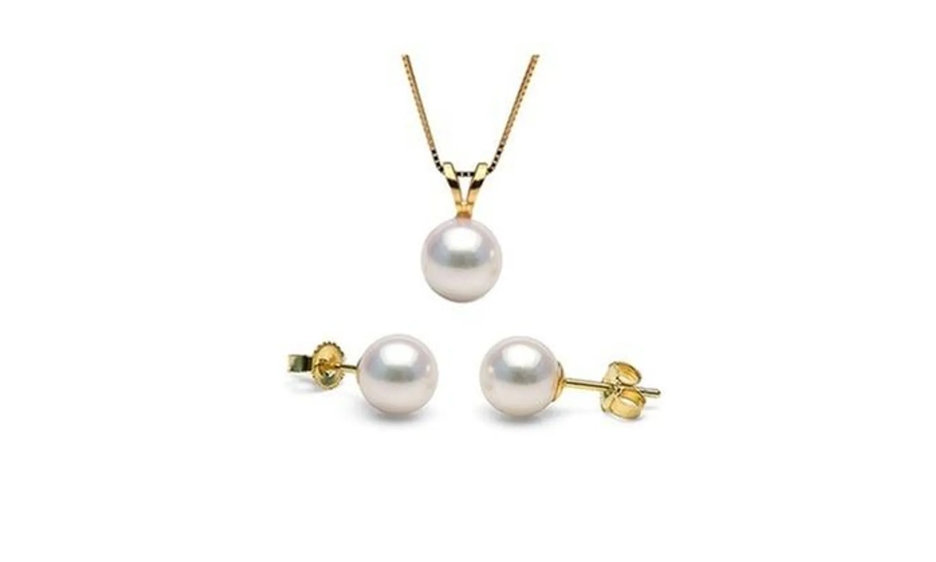 Bonjour Jewelers 7 MM Round White 18 Inch Pearl Necklace In Earring Set 24k Gold Plated