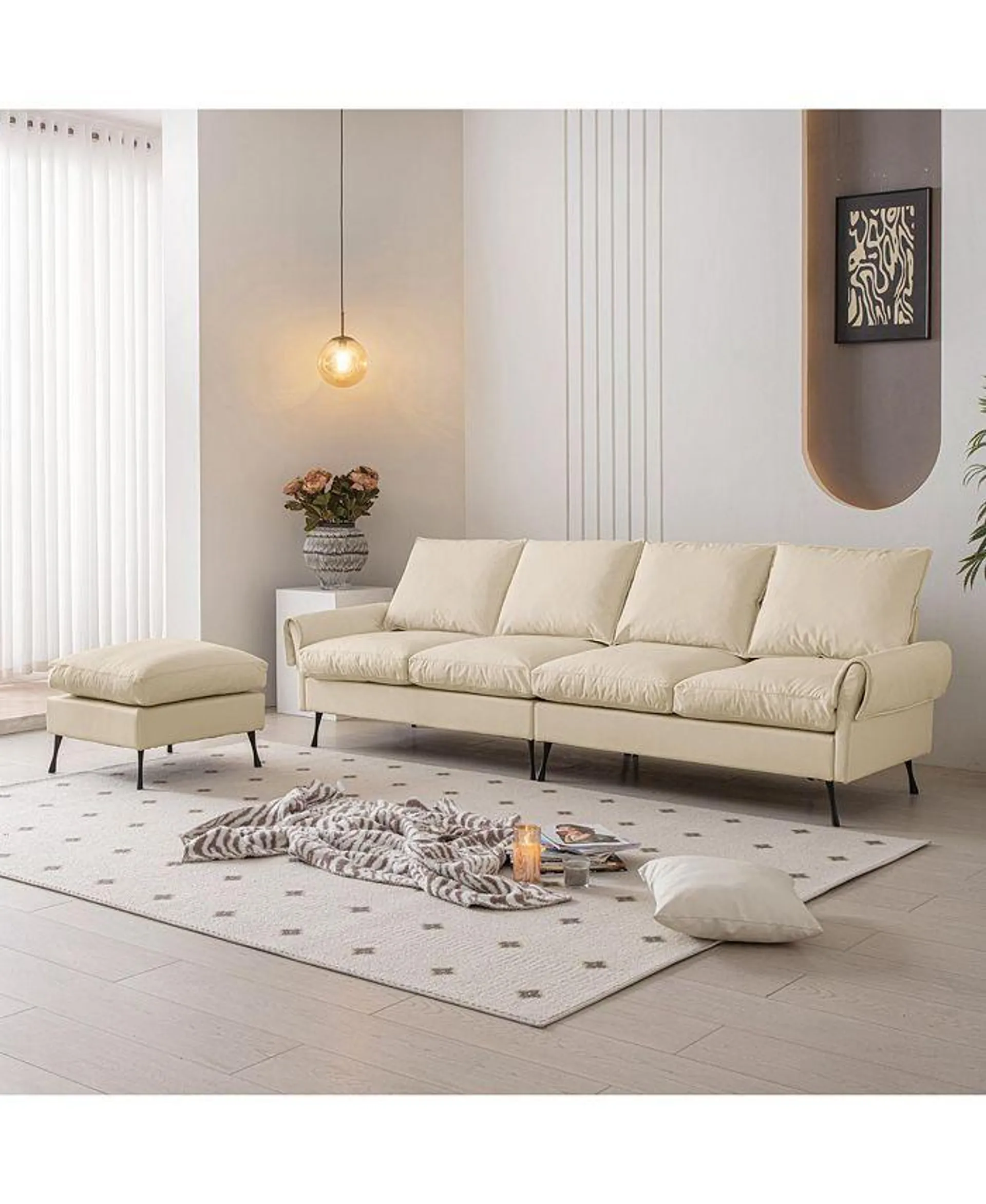 Stylish and Versatile Technical Leather Sofa with Convertible Ottoman