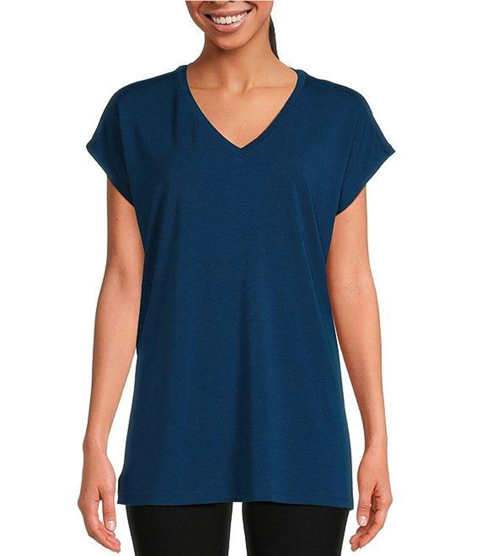 Stretch Knit Jersey V-Neck Cap Sleeve Boxy Top