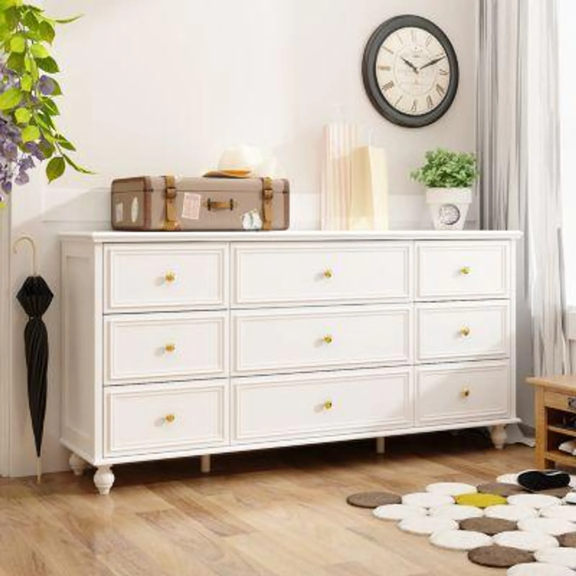 9-Drawer White Wooden Chest of Drawers, Modern European Style