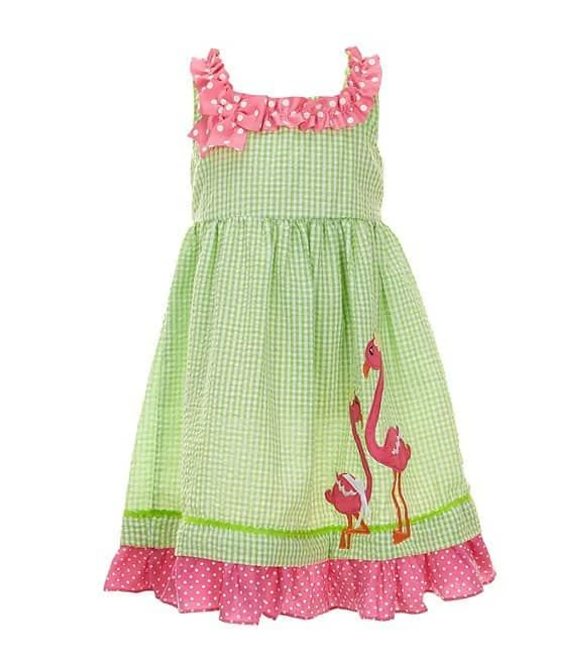 Little Girls 2T-6X Sleeveless Flamingo-Appliqued Checked/Dotted Fit-And-Flare Dress