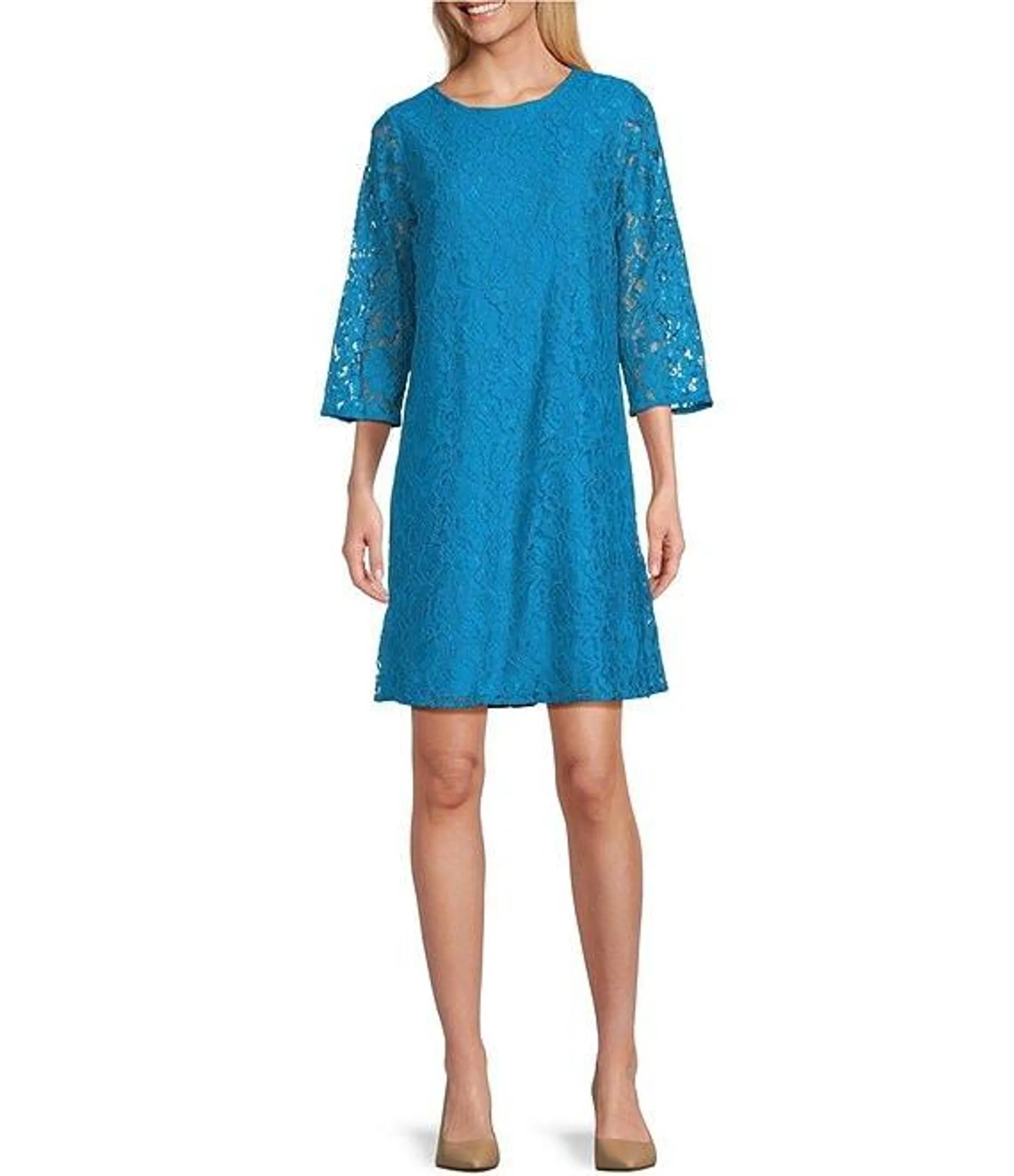 Lace Round Neck 3/4 Sleeve Shift Dress