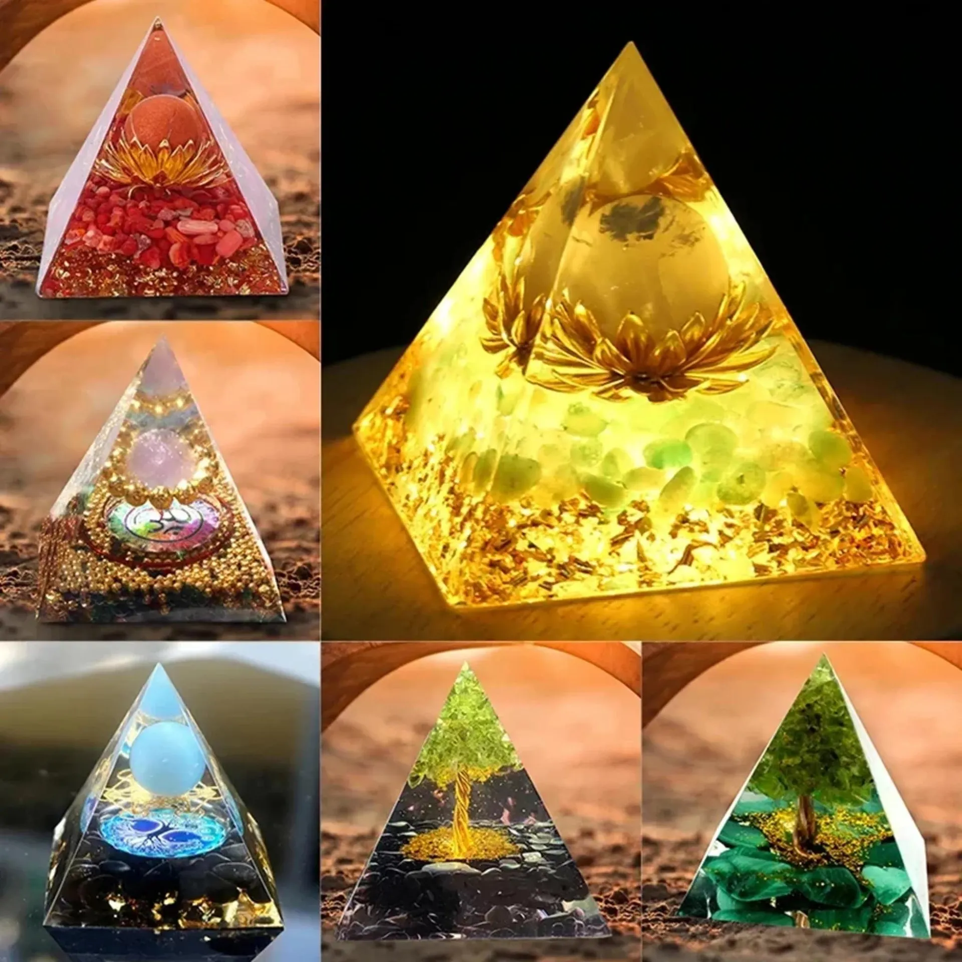 Pirámide de orgón de piedra de cristal, generador de energía, adorno decorativo para habitación, amatista natural, peridoto, meditación de chakras Reiki para regalos para niños