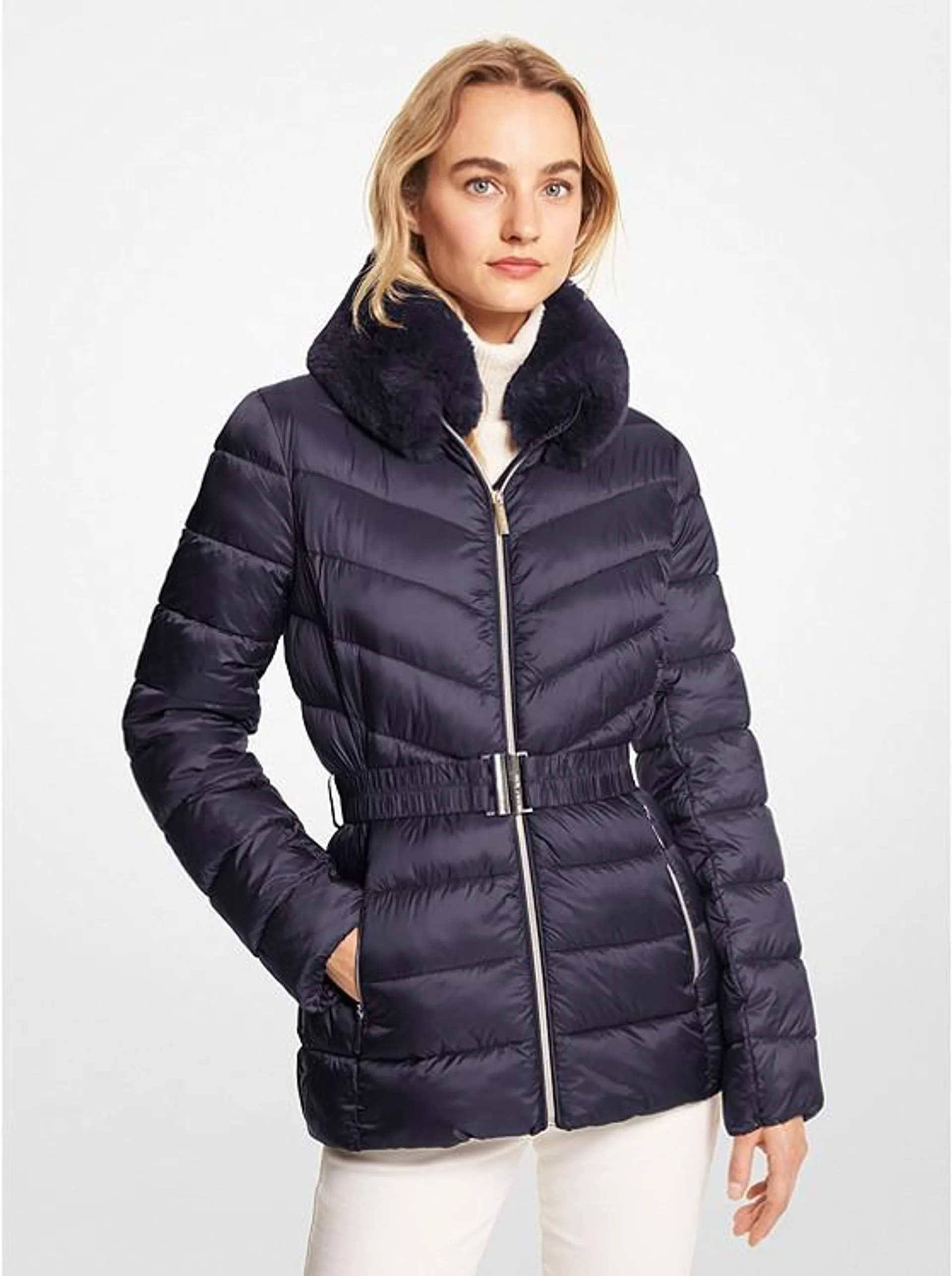 Faux Fur Trim Quilted Nylon Packable Puffer Jacket