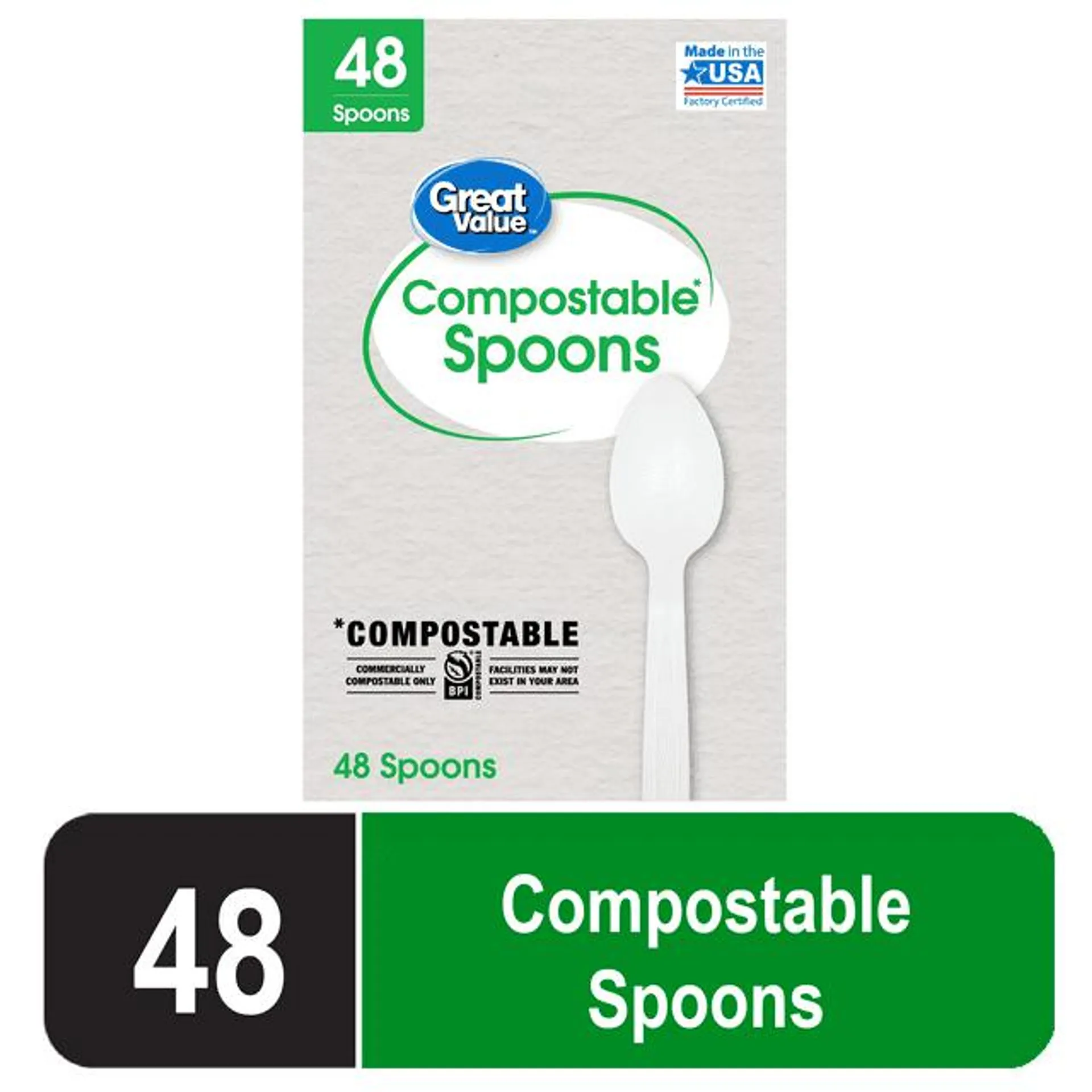 Great Value Disposable Compostable Spoon, White, 48 Count