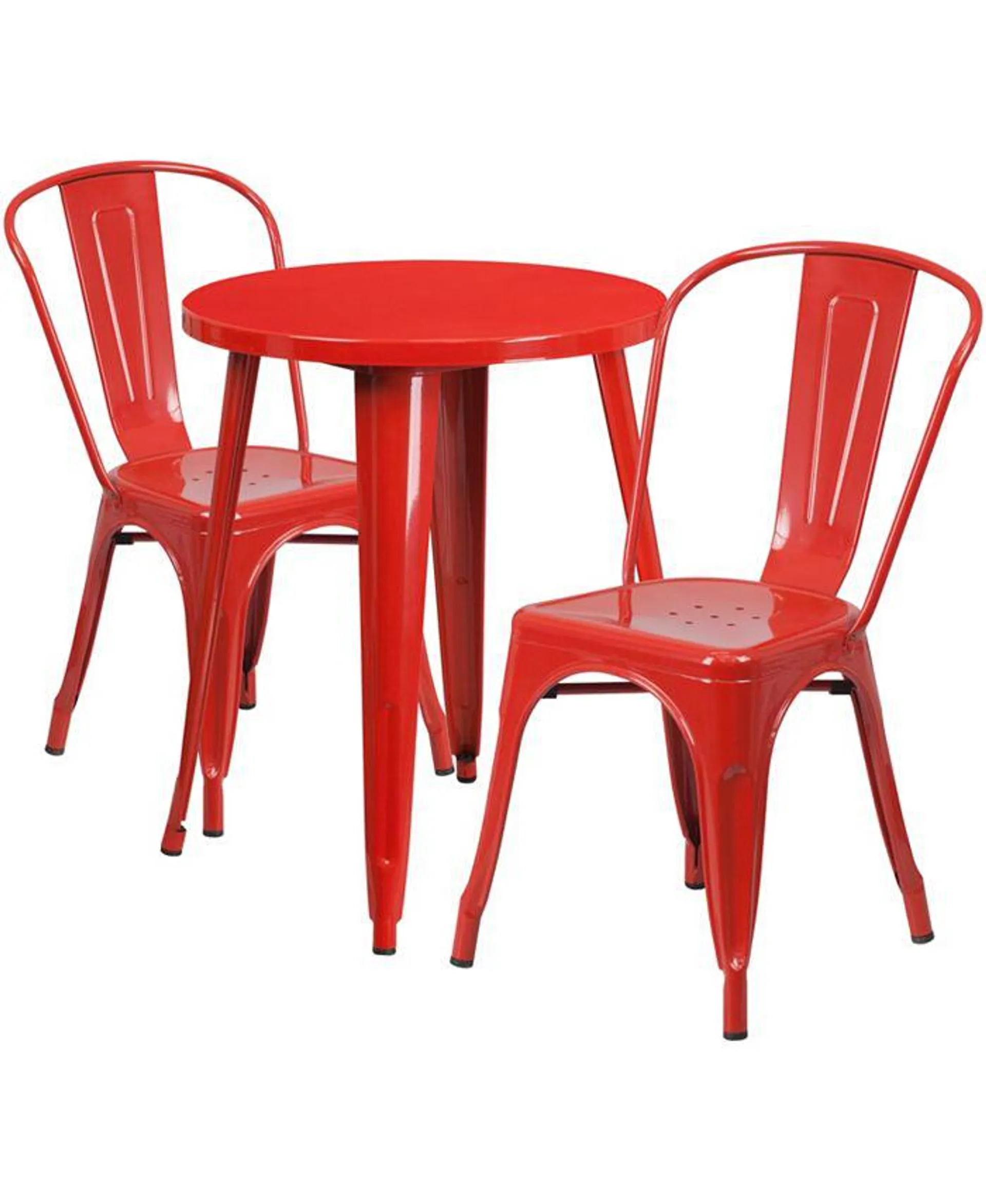 24'' Round Red Metal Indoor-Outdoor Table Set With 2 Cafe Chairs