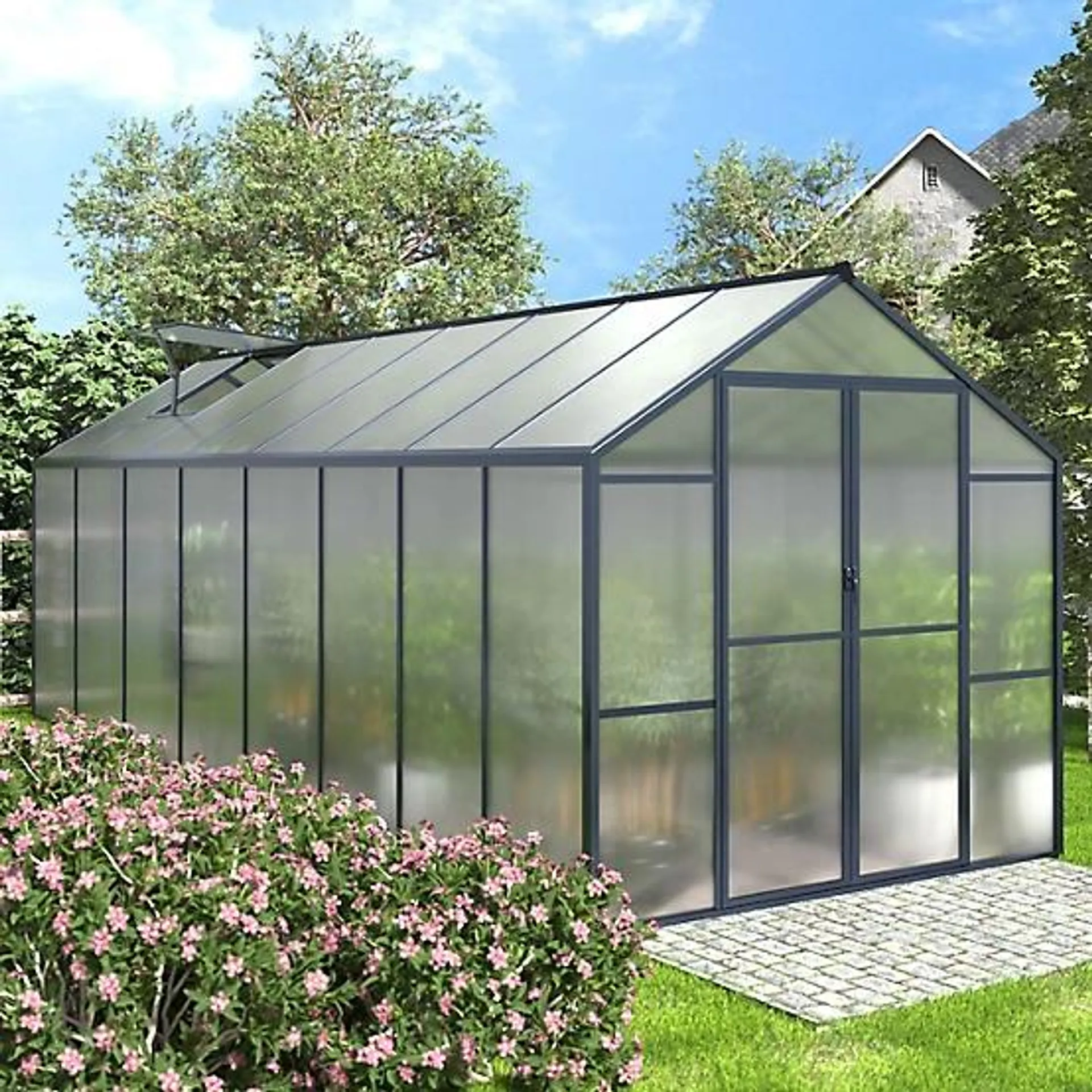 16 ft. D x 8 ft. W Gray Polycarbonate Greenhouse For Outdoors, Green House Kit with Adjustable Roof Vent