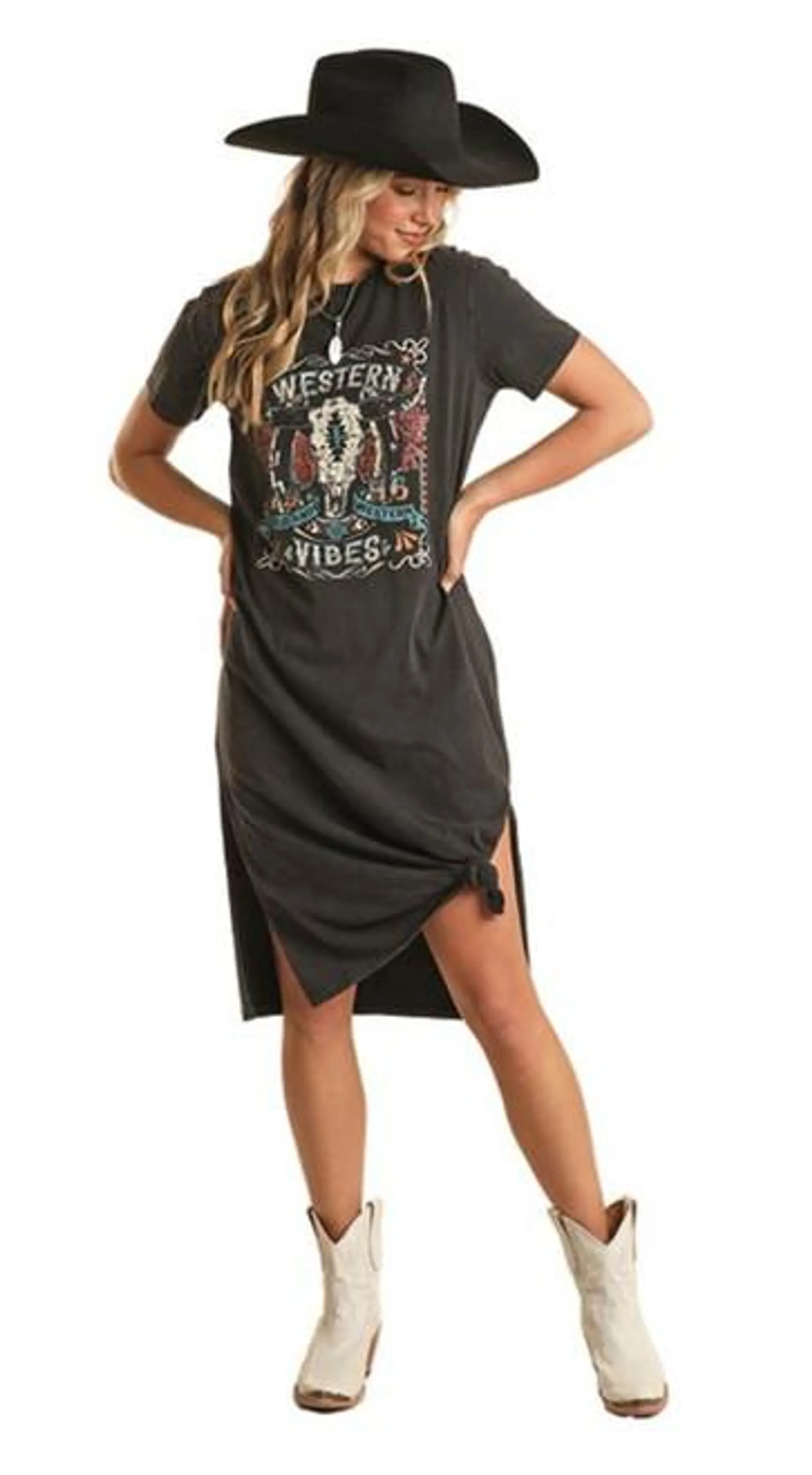 Rock & Roll Cowgirl Women's Black Western Vibes Short Sleeve T-Shirt Dress