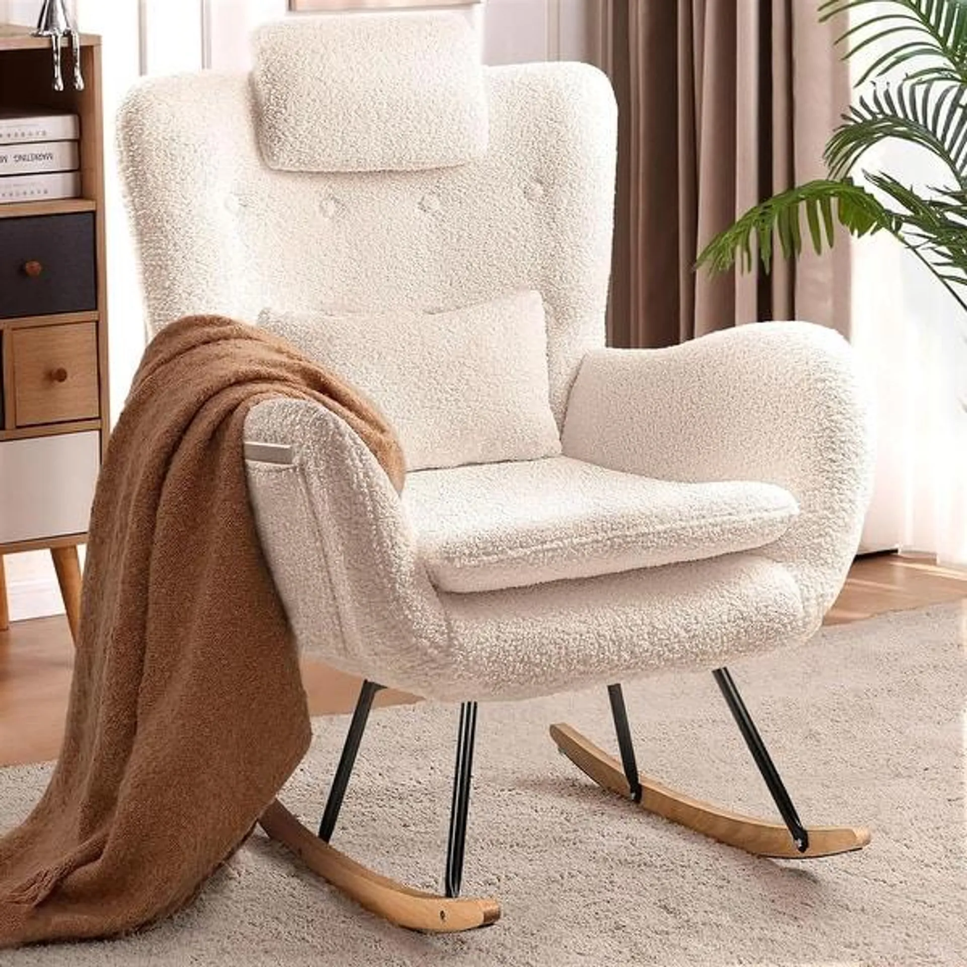 BOSSIN Teddy Fabric Nursery Rocking Chair with Side Pocket, High Backrest Accent Chair with Padded Seat and Headrest