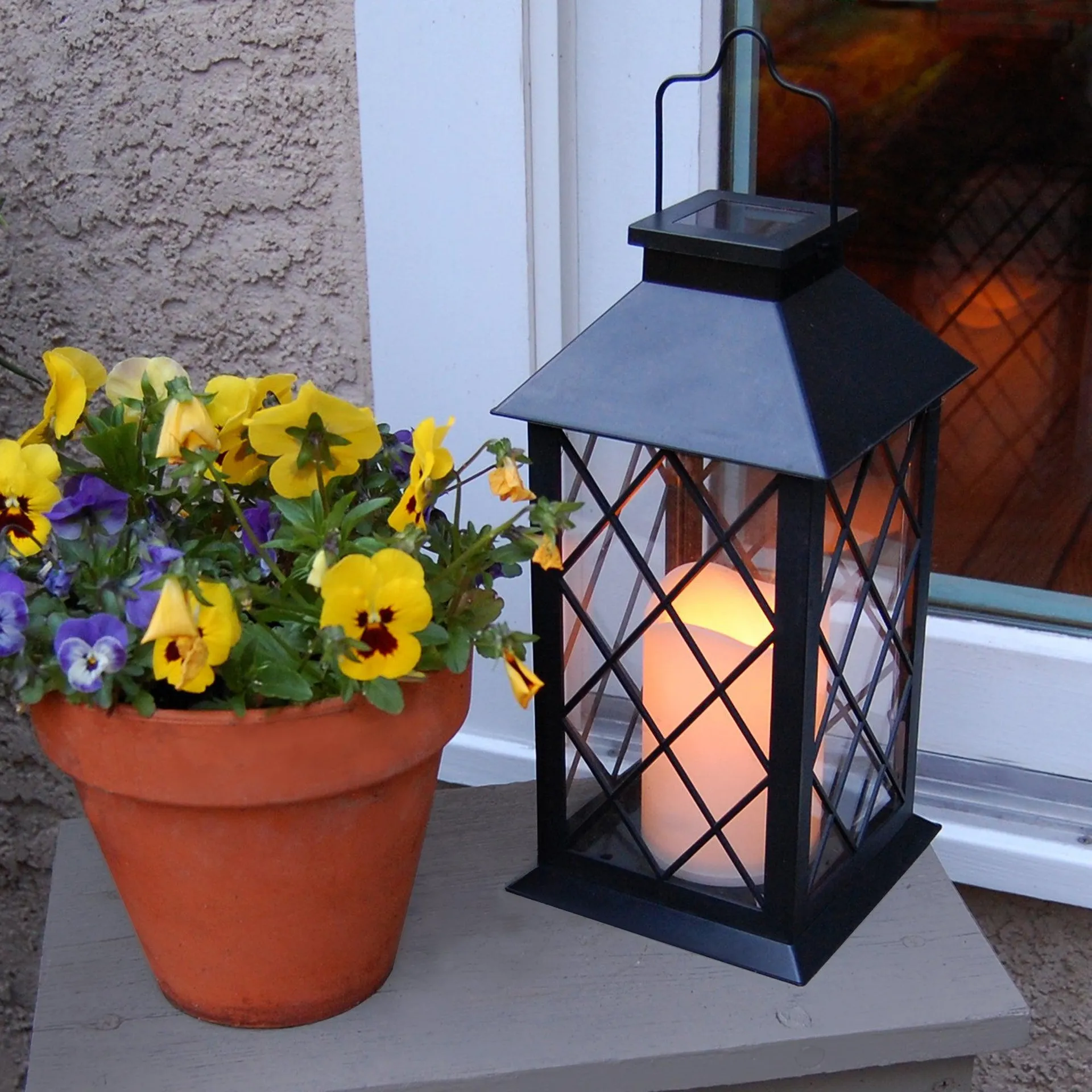 Solar Powered Black Tudor Lantern with LED Candle