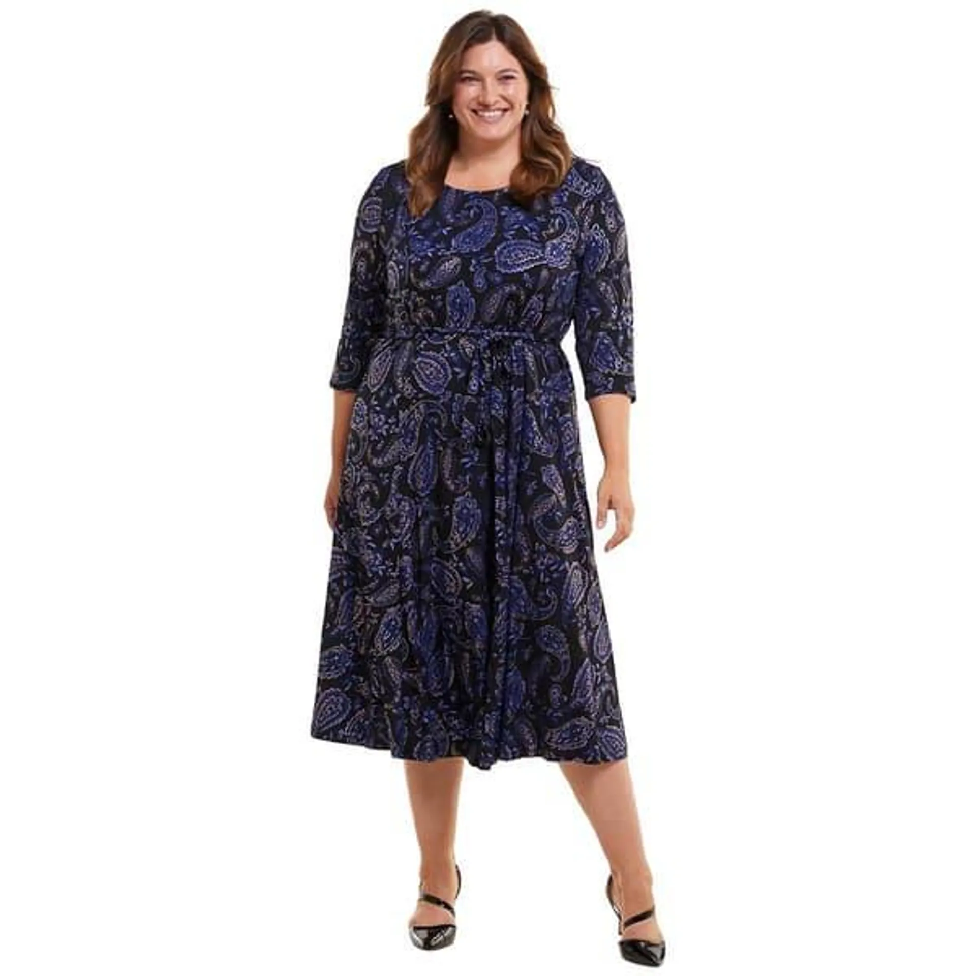 Plus Size Nina Leonard 3/4 Sleeve Paisley Midi Dress