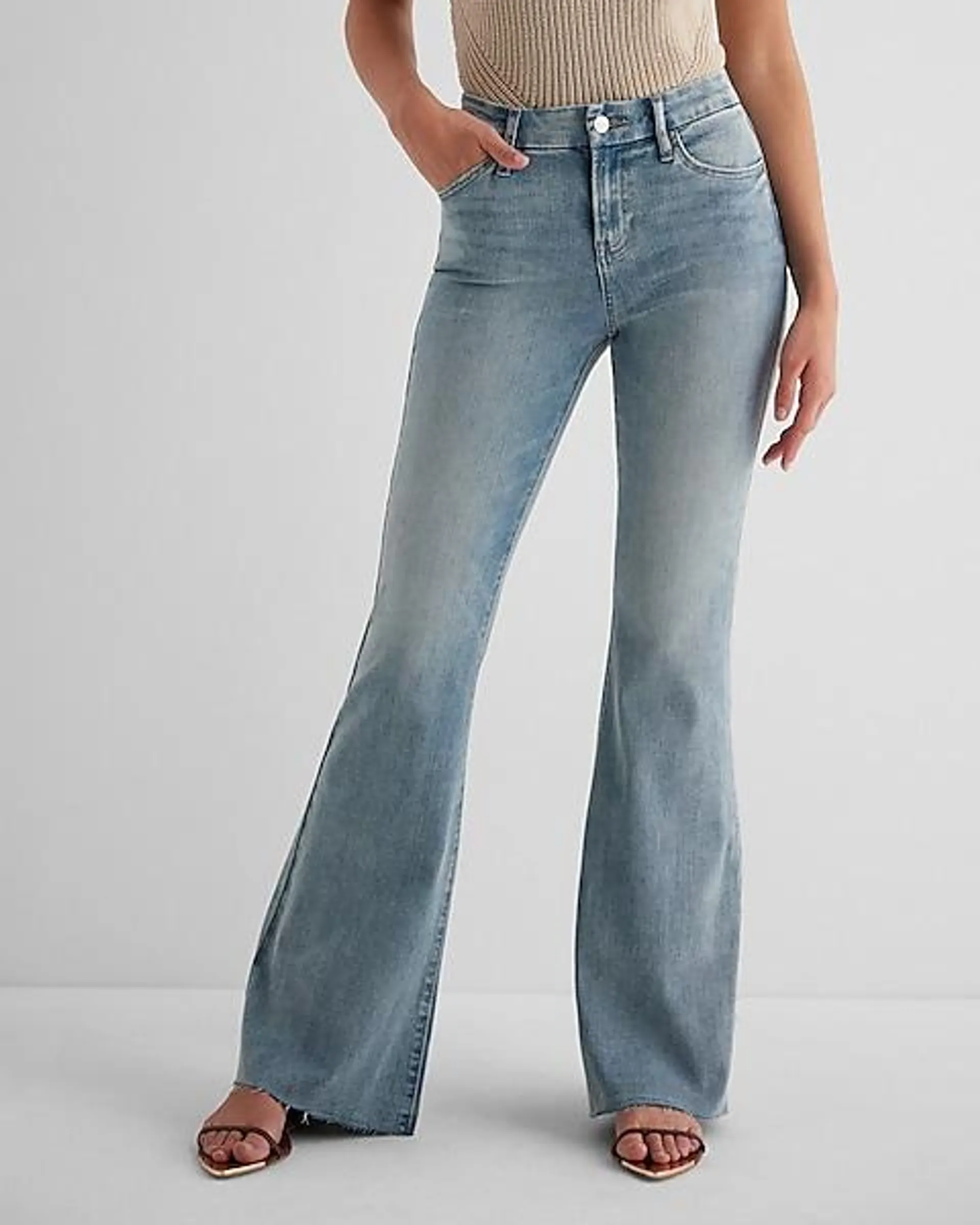 Mid Rise Light Wash Raw Hem FlexX '70s Flare Jeans