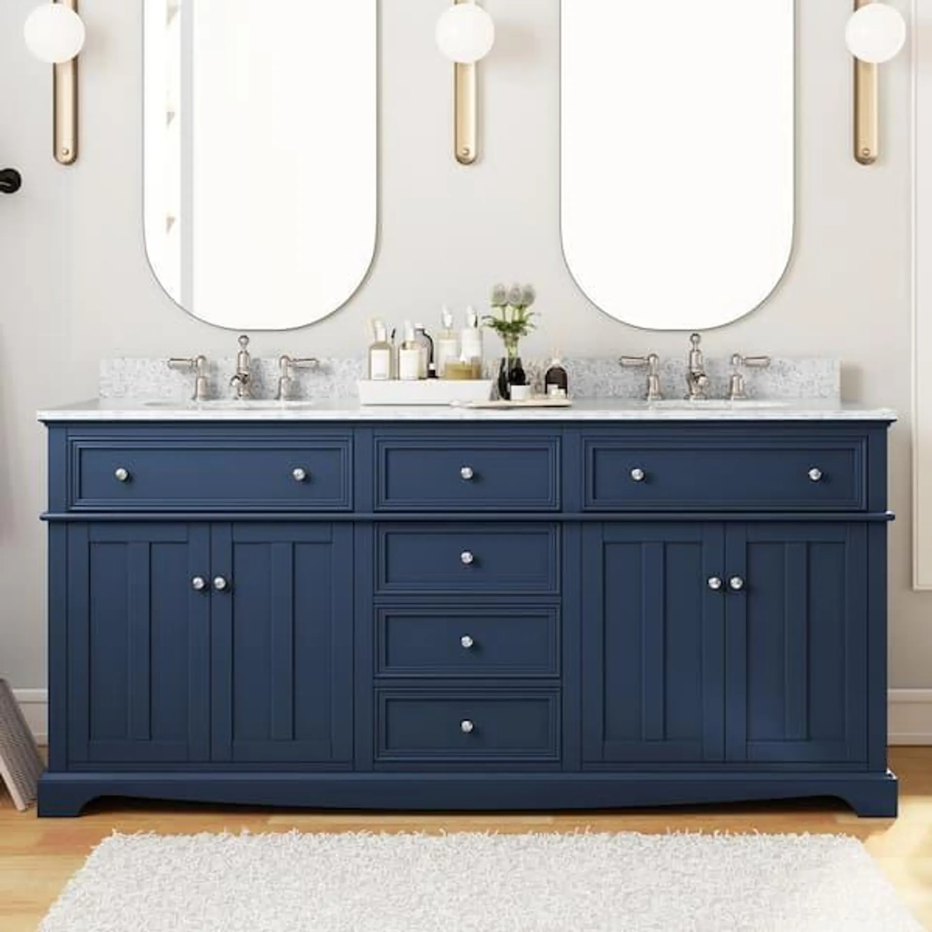 Fremont 72 in. Double Sink Navy Blue Bath Vanity with Grey Granite Top (Assembled)