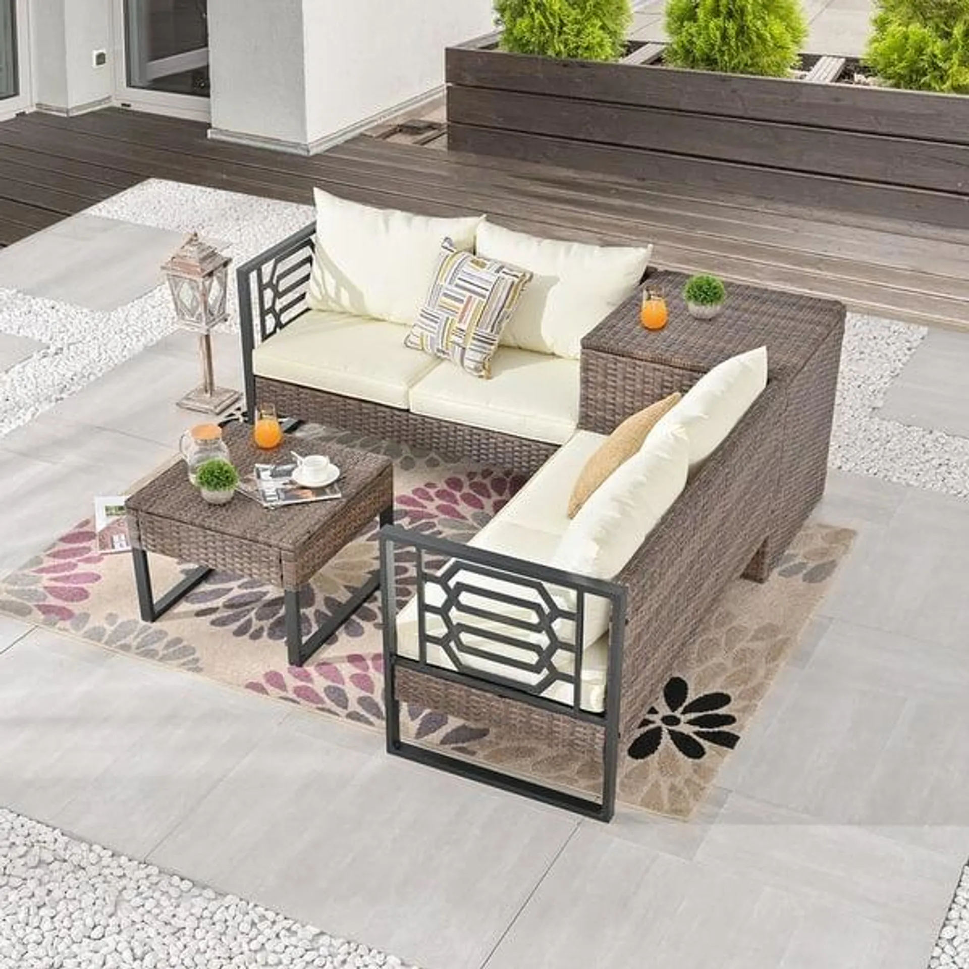 Patio Festival Wicker 4-Seat Sofa Set with Coffee Table and Cushions