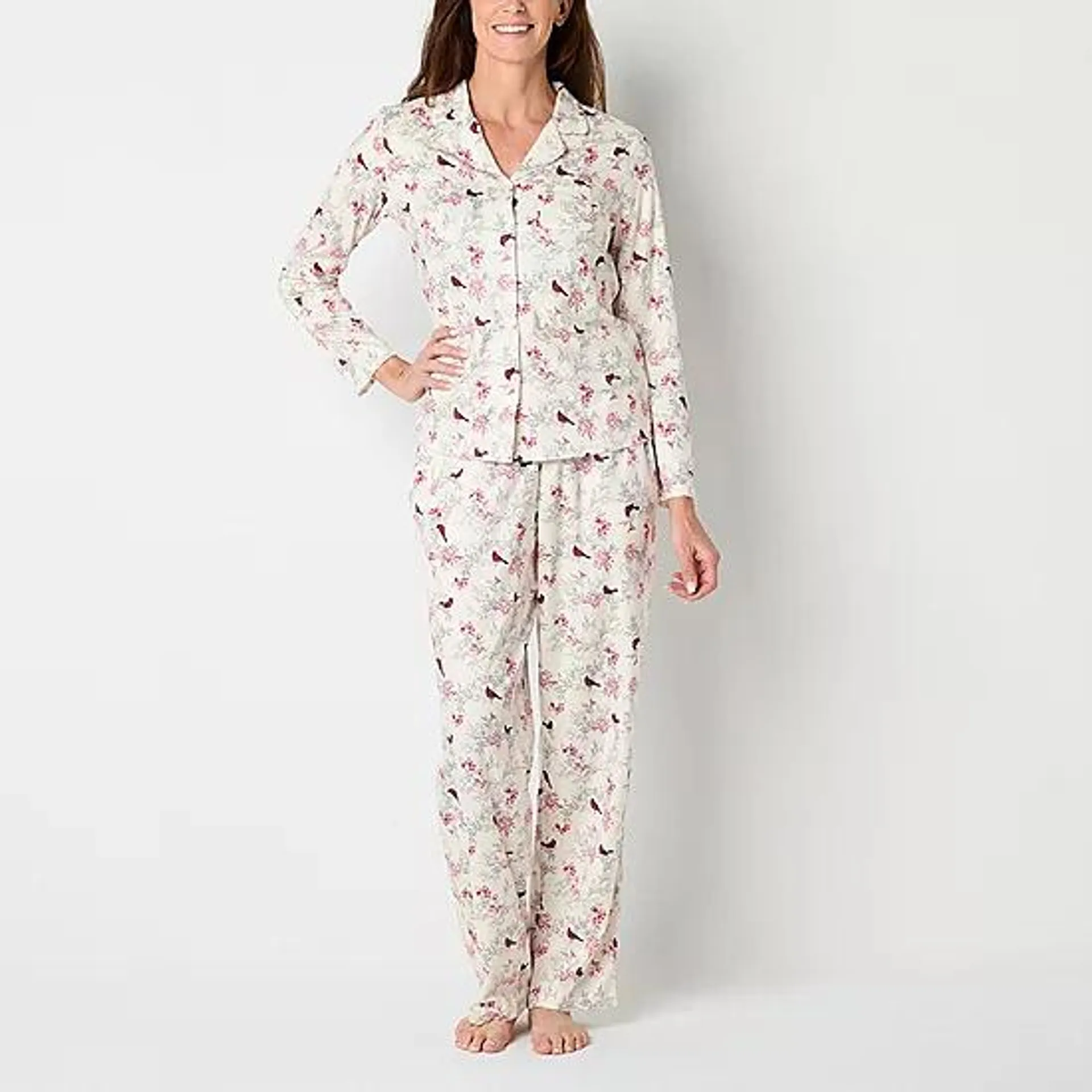 Adonna Womens Fleece Long Sleeve 2-pc. Pant Pajama Set