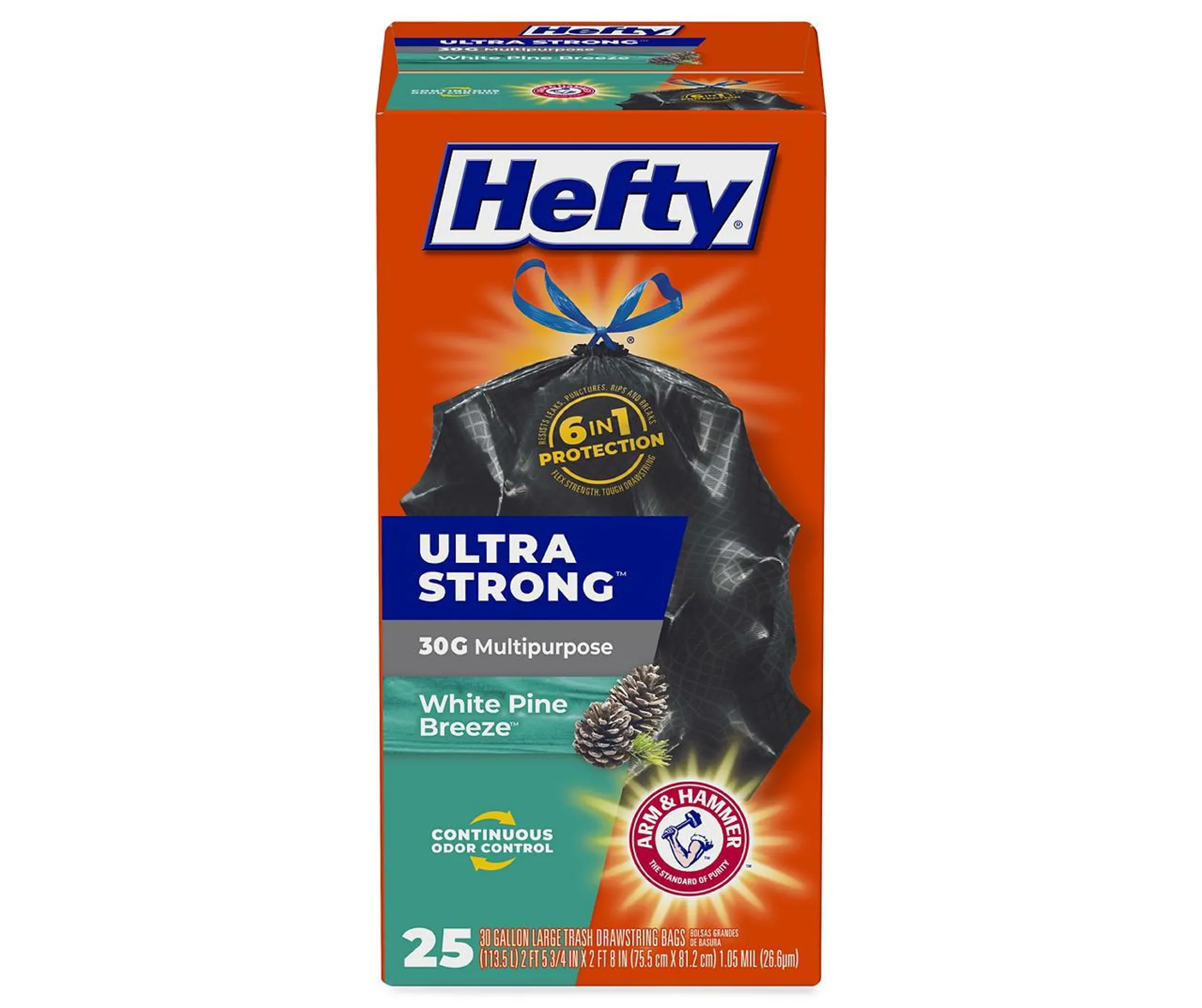 Hefty Ultra Strong 30 Gallon Multipurpose Large Trash Drawstring 25 ct White Pine Breeze Box