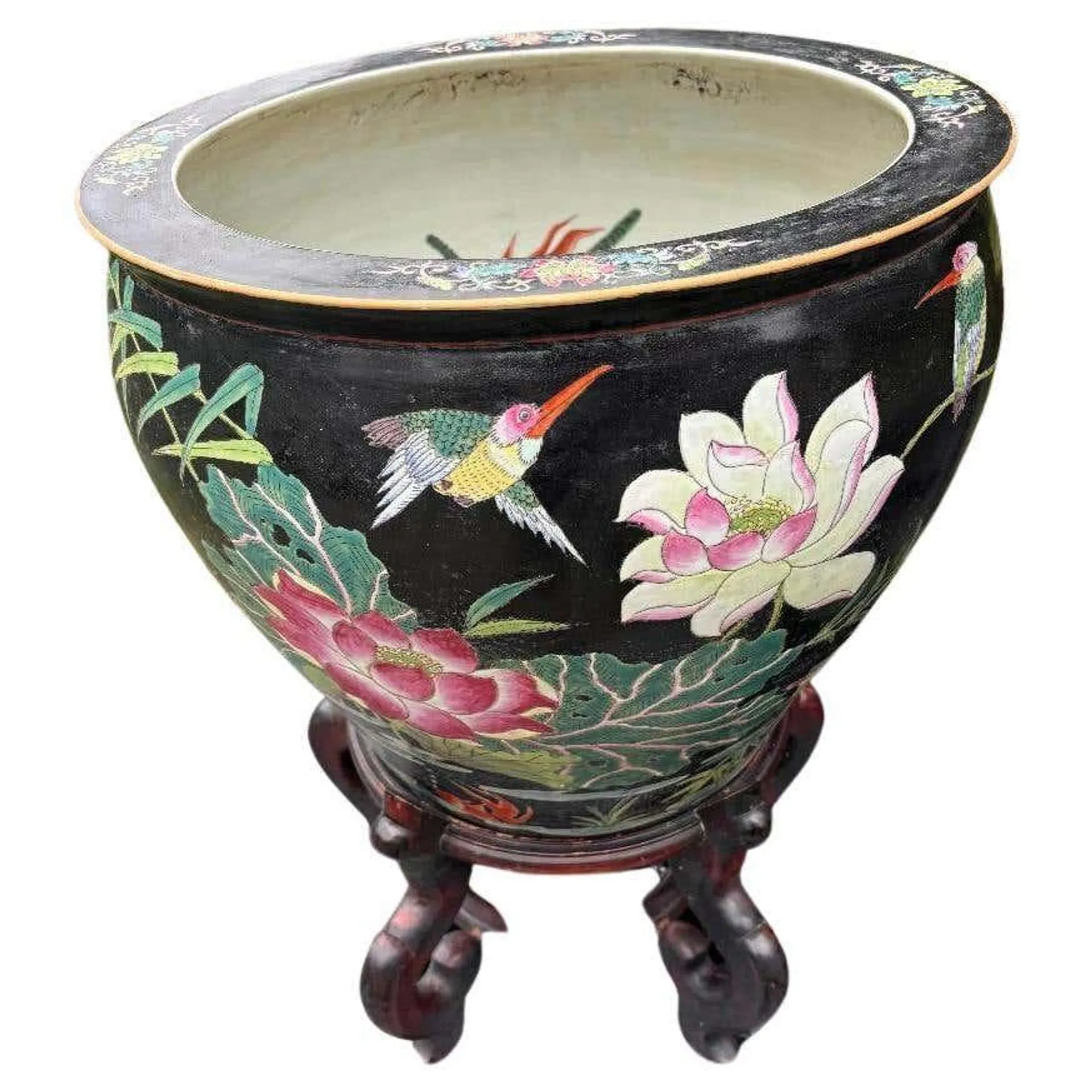 China Vintage Big Gold Fish & Birds Planter Bowl with Stand, Vibrant Colors