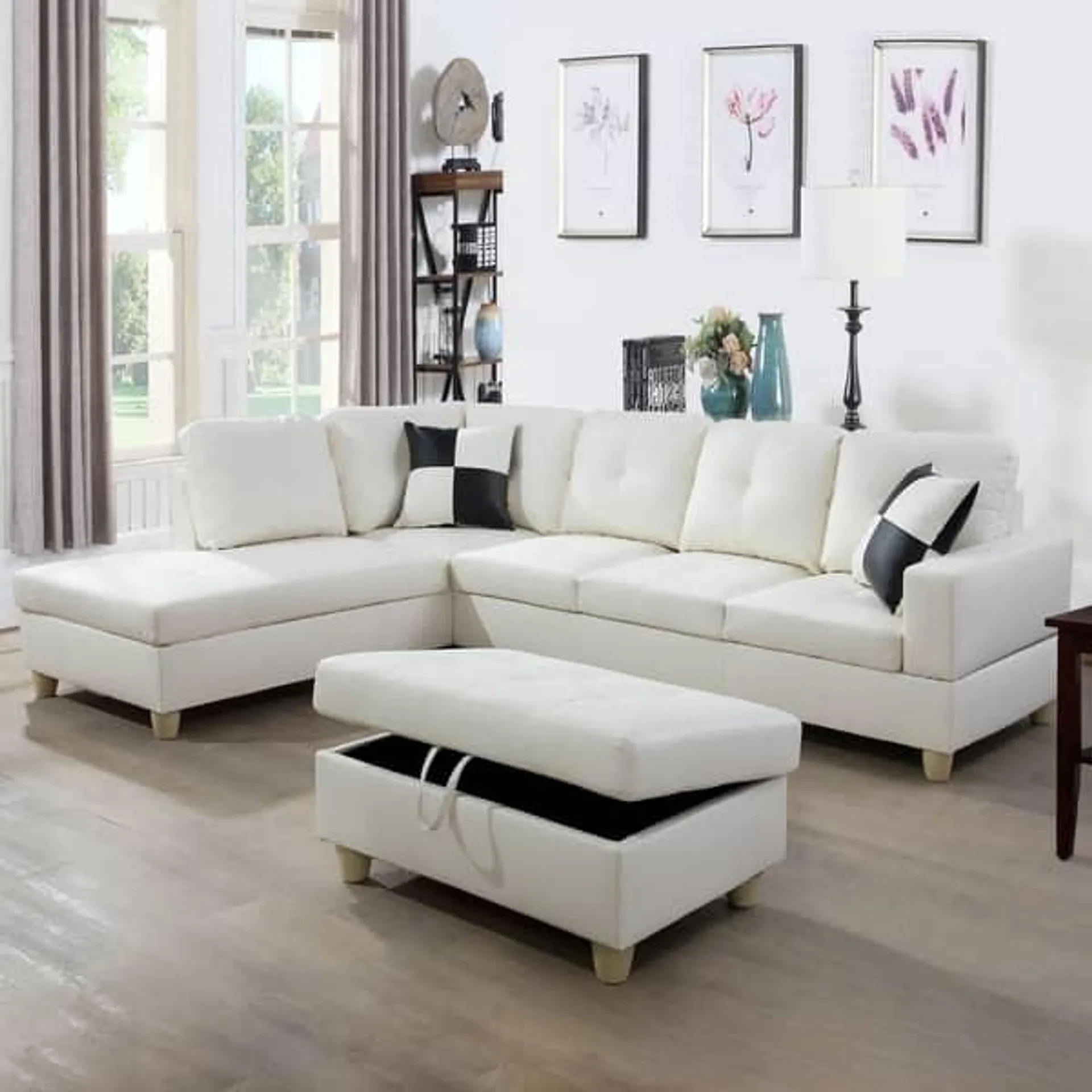 103.5" White Faux Leather 3-Piece Couch L-shaped Living Room Sofa Set