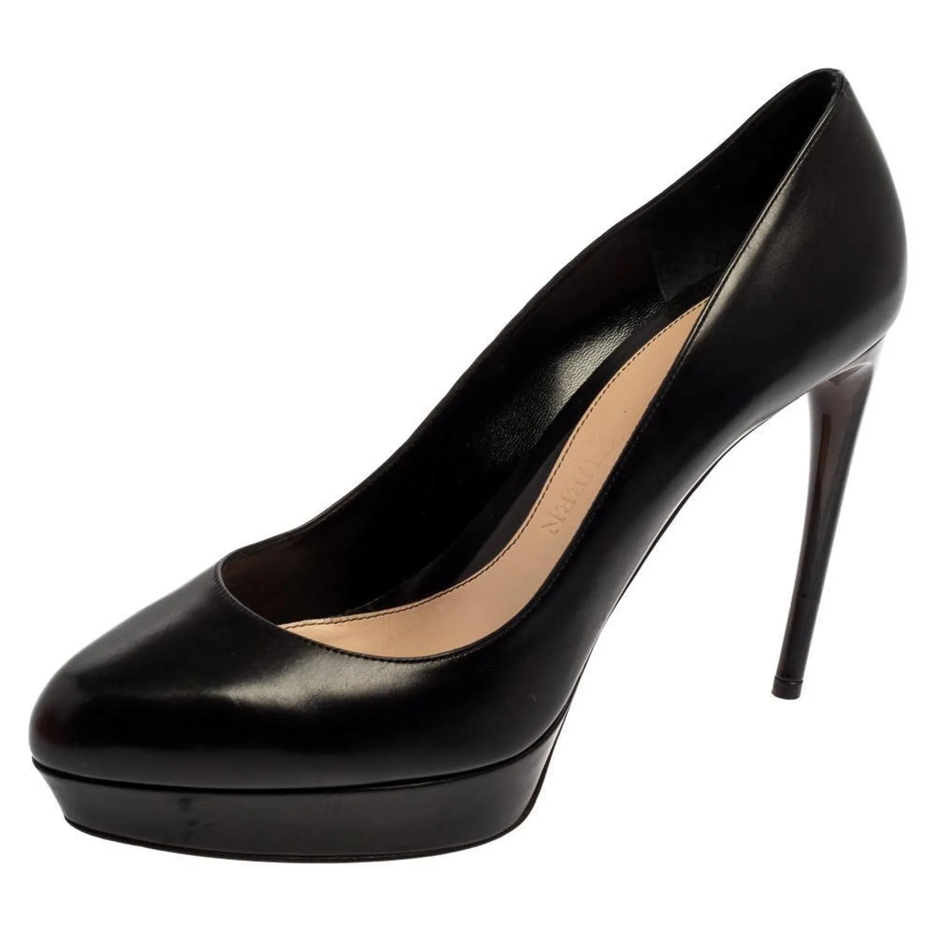 Alexander McQueen Black Leather Horn Heel Platform Pumps Size 40