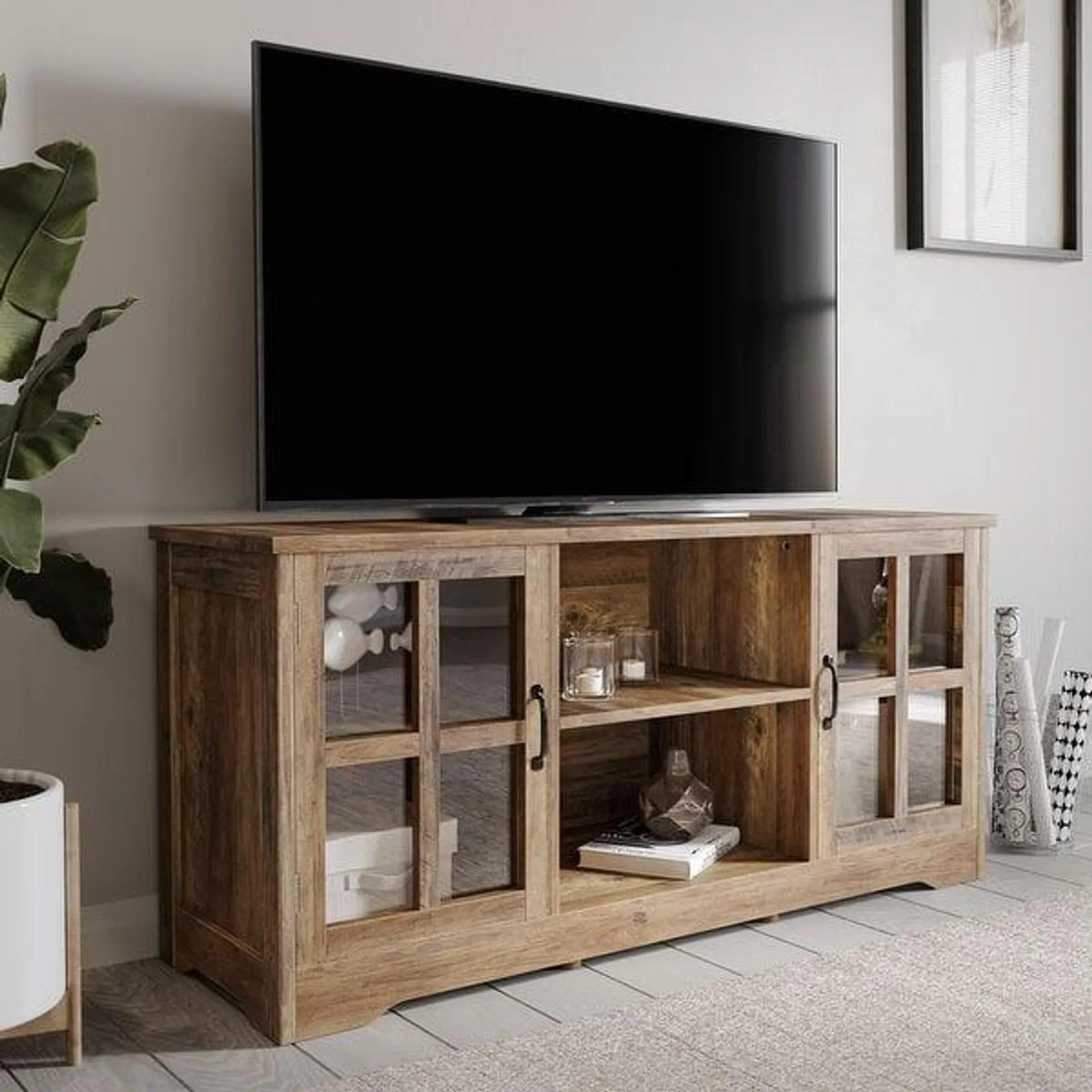 BELLEZE Cori 52" TV Stand Wood & Glass For TVs Up To 55", Rustic Oak