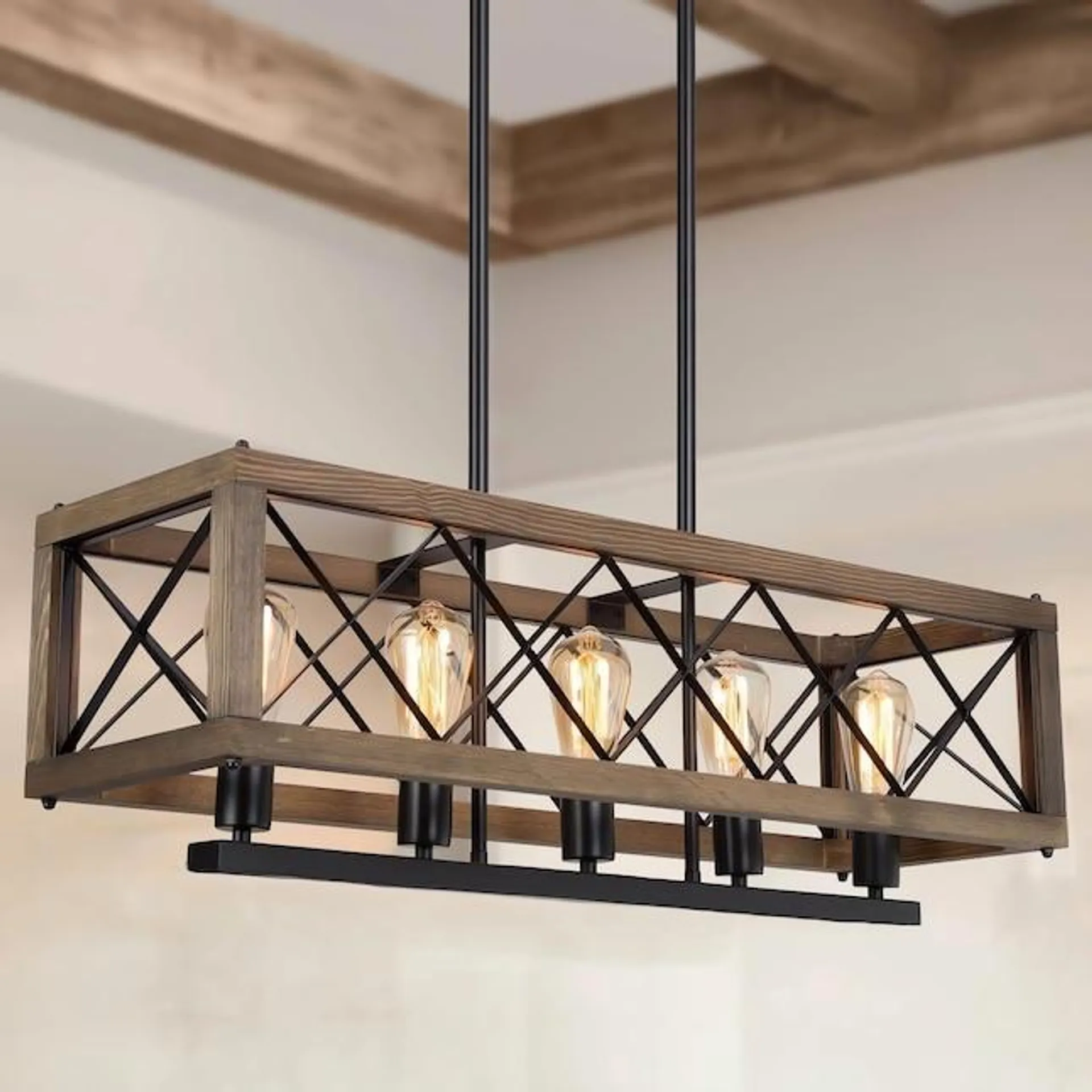 LNC Lucia 5-Light Matte Black and Brown Wood Farmhouse Linear LED Large Hanging Kitchen Island Light