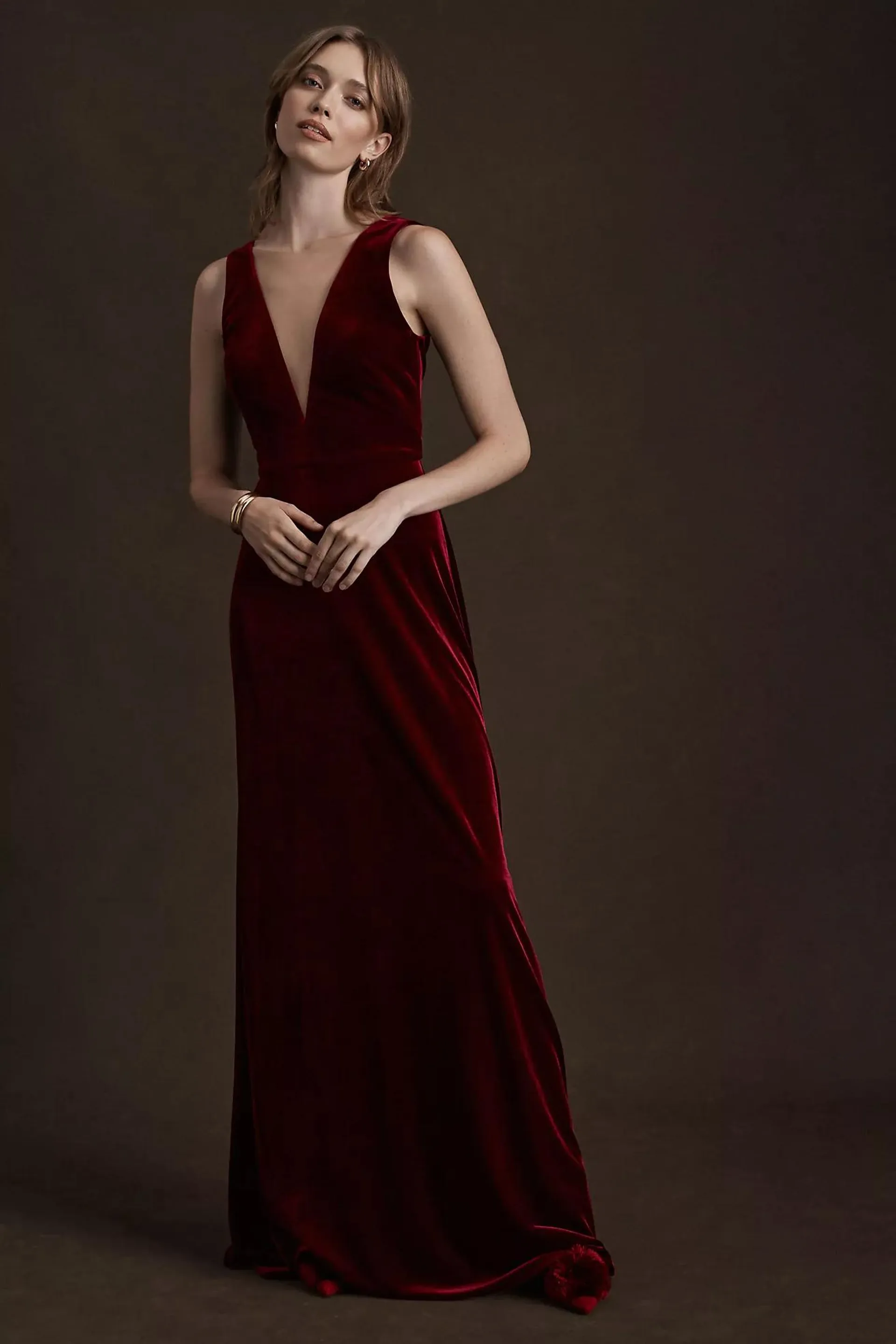 Jenny Yoo Logan Deep-V Velvet Column Gown