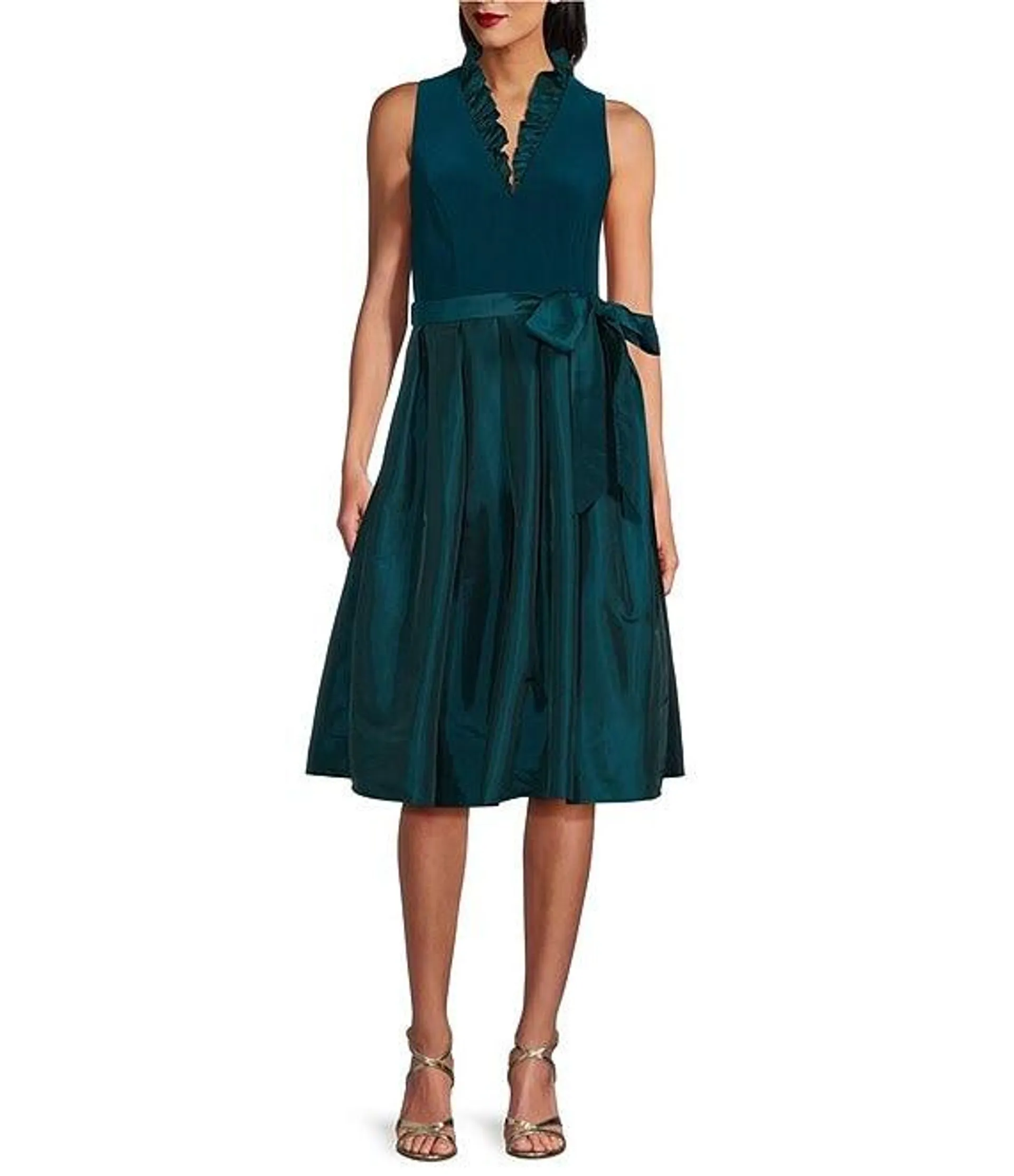 Ruffle V-Neck Sleeveless Tie Waist Pleated Fit and Flare Dress