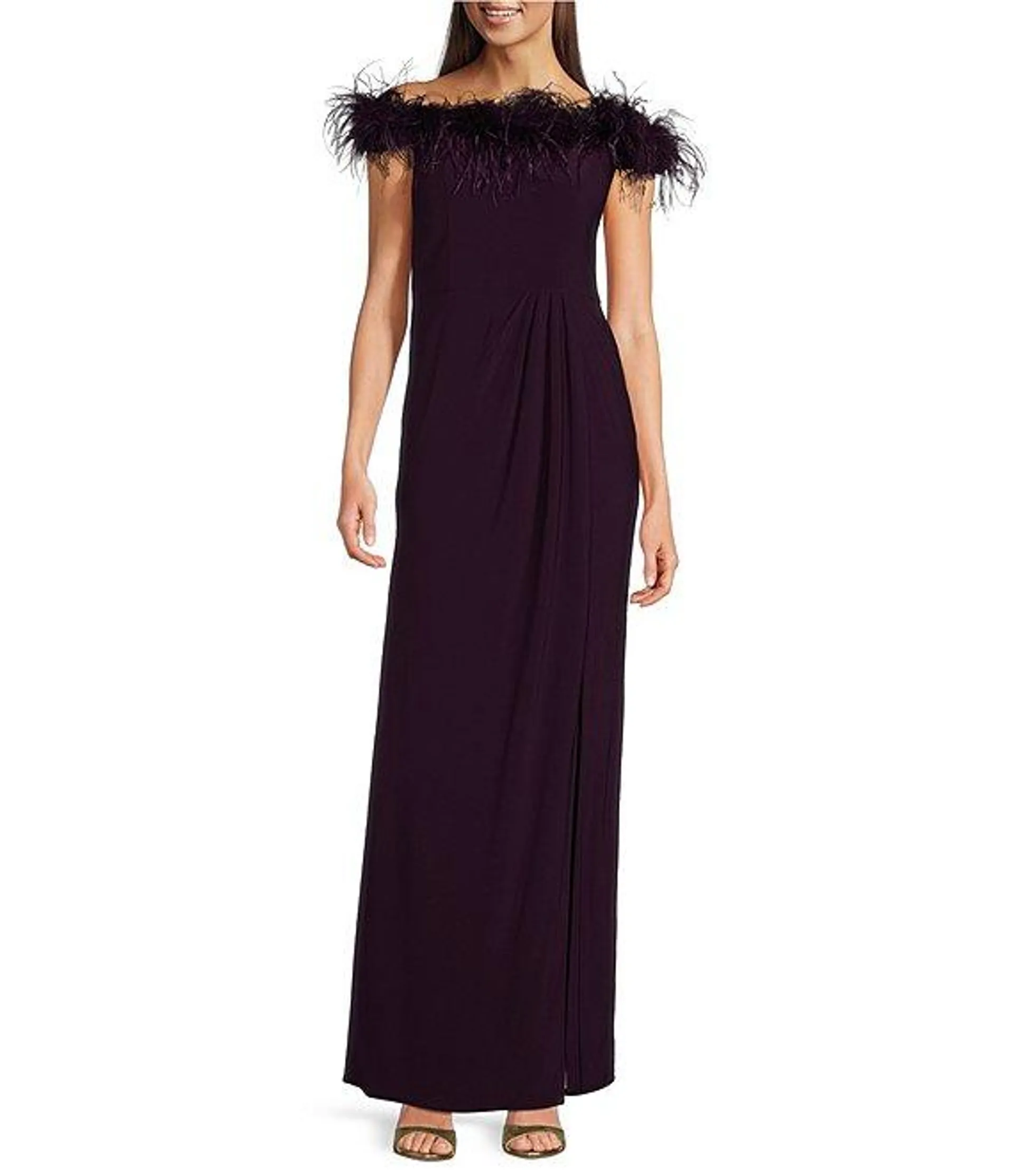 Stretch Matte Jersey Feather Off-the-Shoulder Cap Sleeve Ruched Front Slit Gown