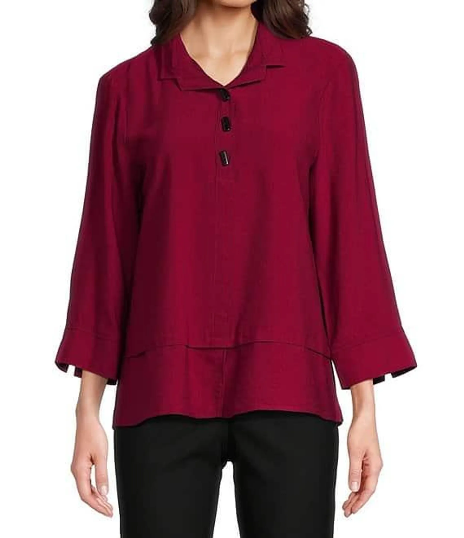 Solid Woven Point Collar 3/4 Roll-Tab Sleeve Blouse