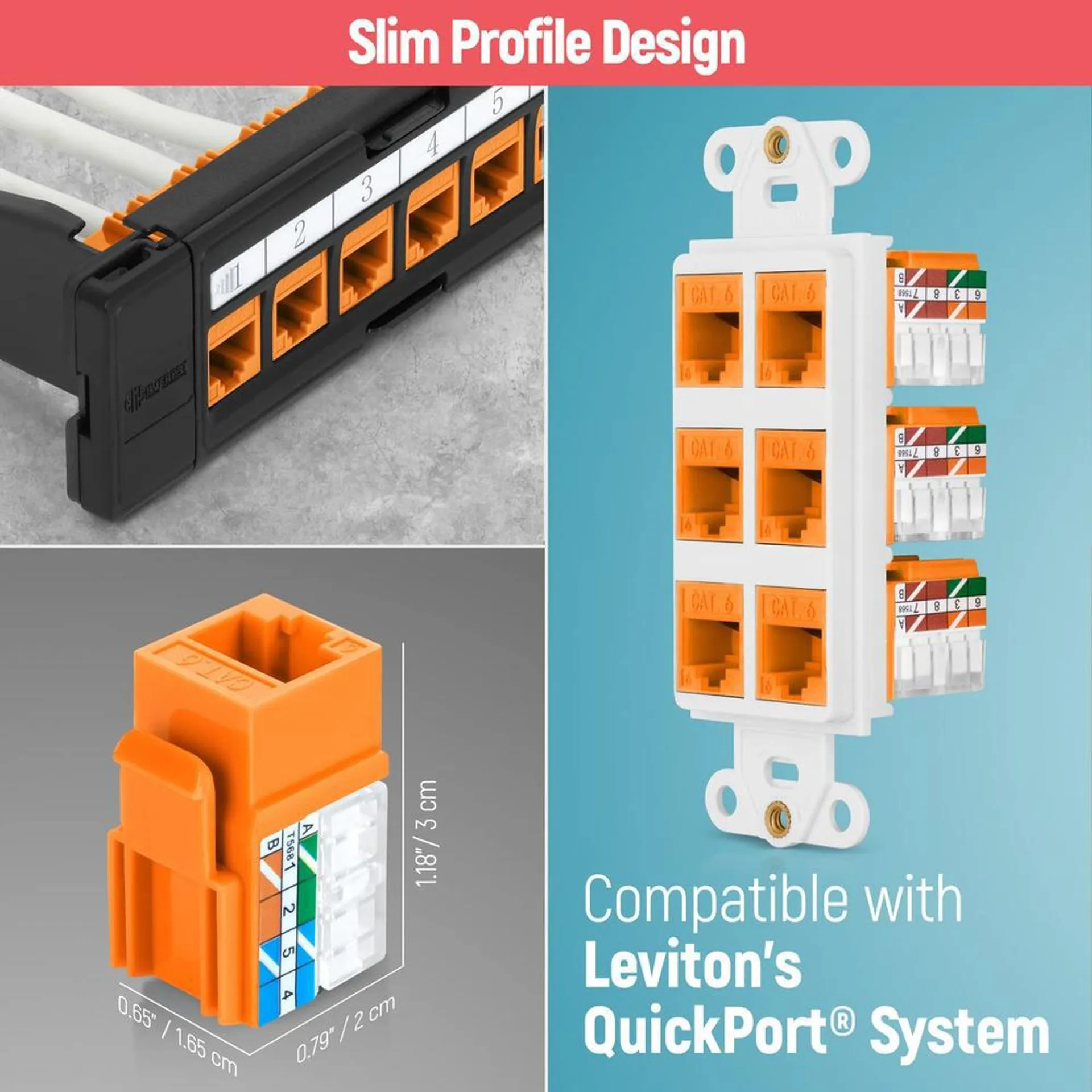 thinkstar 90° Angled Cat6/5E Keystone Jack In Orange - Slim Profile Rj45 Ethernet Connector - Compatible With 90° Angled Speed Ter…