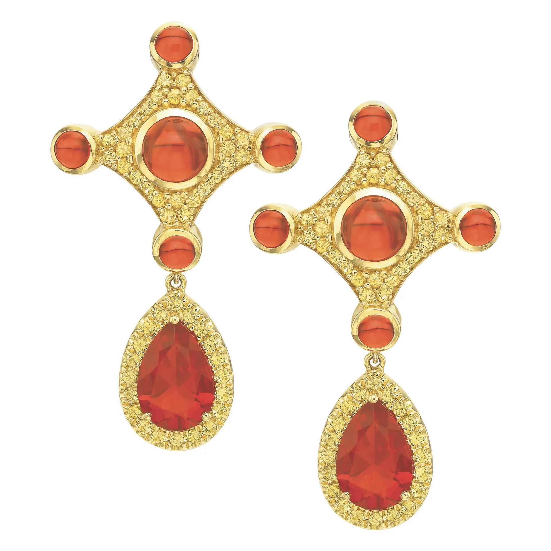 11.2 Carat Orange Fire Opal with 2.03 Yellow Sapphire Halo Drop Earrings, 18Kt