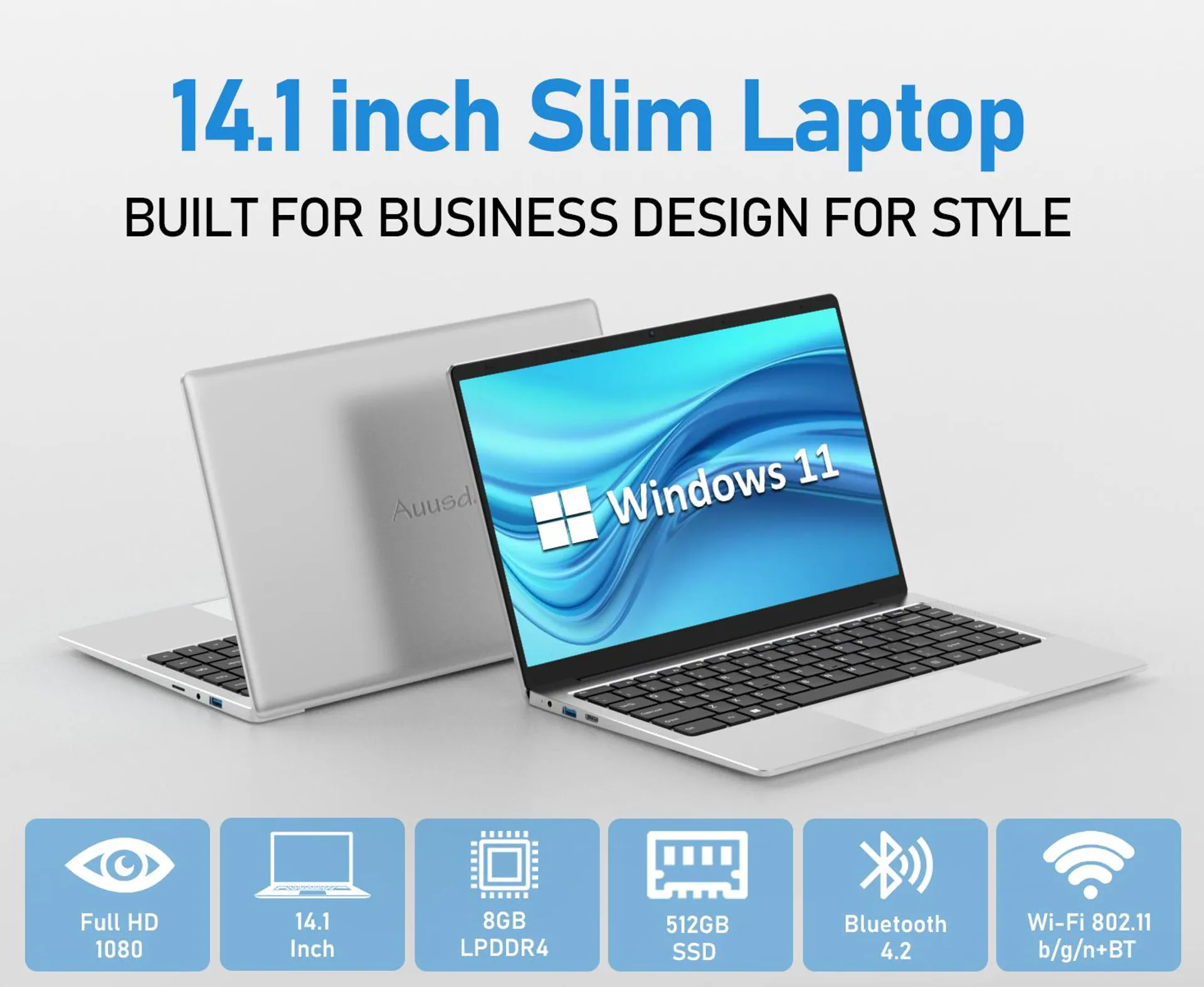 Auusda Laptop Computer Intel Celeron J4105 (2.50GHz) with 8GB DDR4 512GB SSD, 14.1" Windows 11 Pro Home Laptop, Intel UHD Graphics 600, 3TB Storage Upgrades, Wifi+Bluetooth - Silver