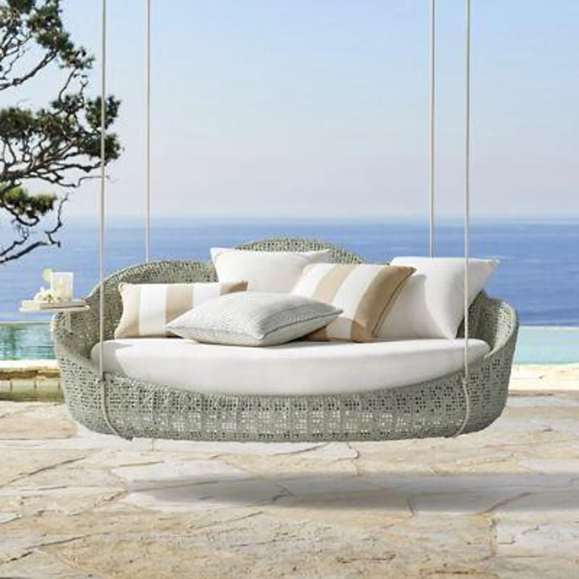 Coraline Hanging Daybed with Cushions in Seasalt Finish