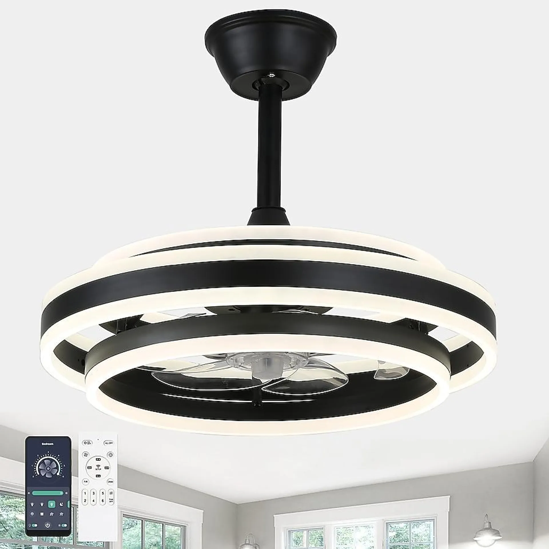 Oaks Decor Acuto 20-in Black with Clear Blades Color-changing Integrated LED Indoor Smart Fandelier Ceiling Fan with Light and Remote (7-Blade)