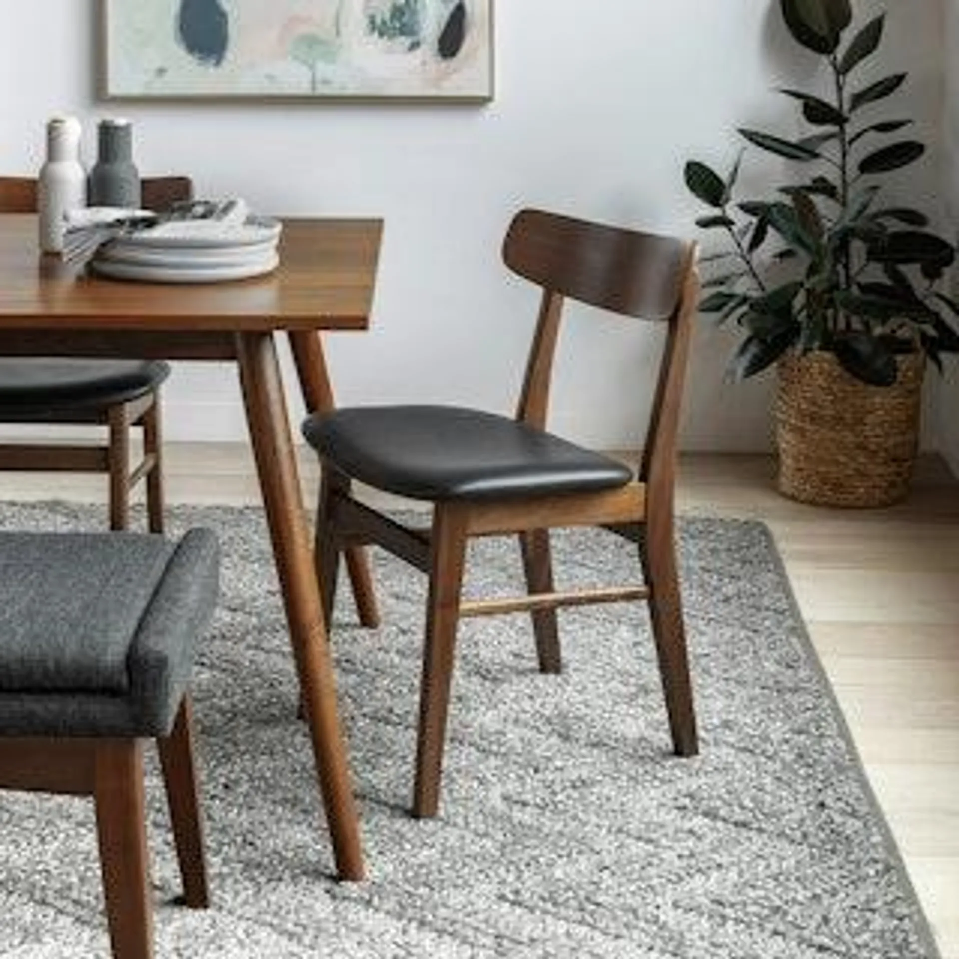 Ecole Black Leather Walnut Dining Chair