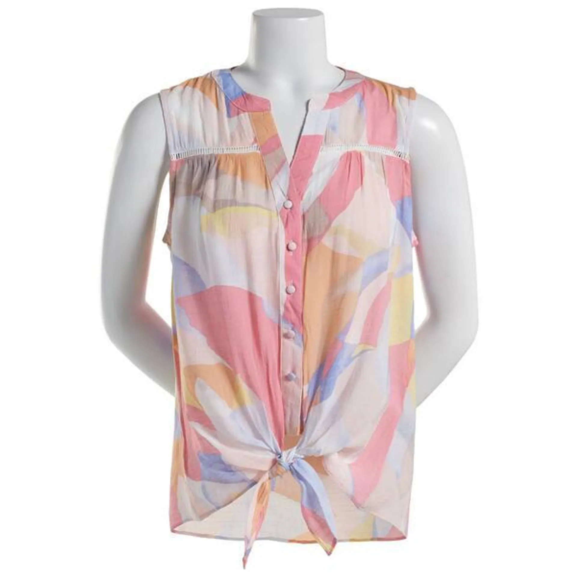 Womens Zac & Rachel Sleeveless Print Tie Front Top-Apricot/Tan