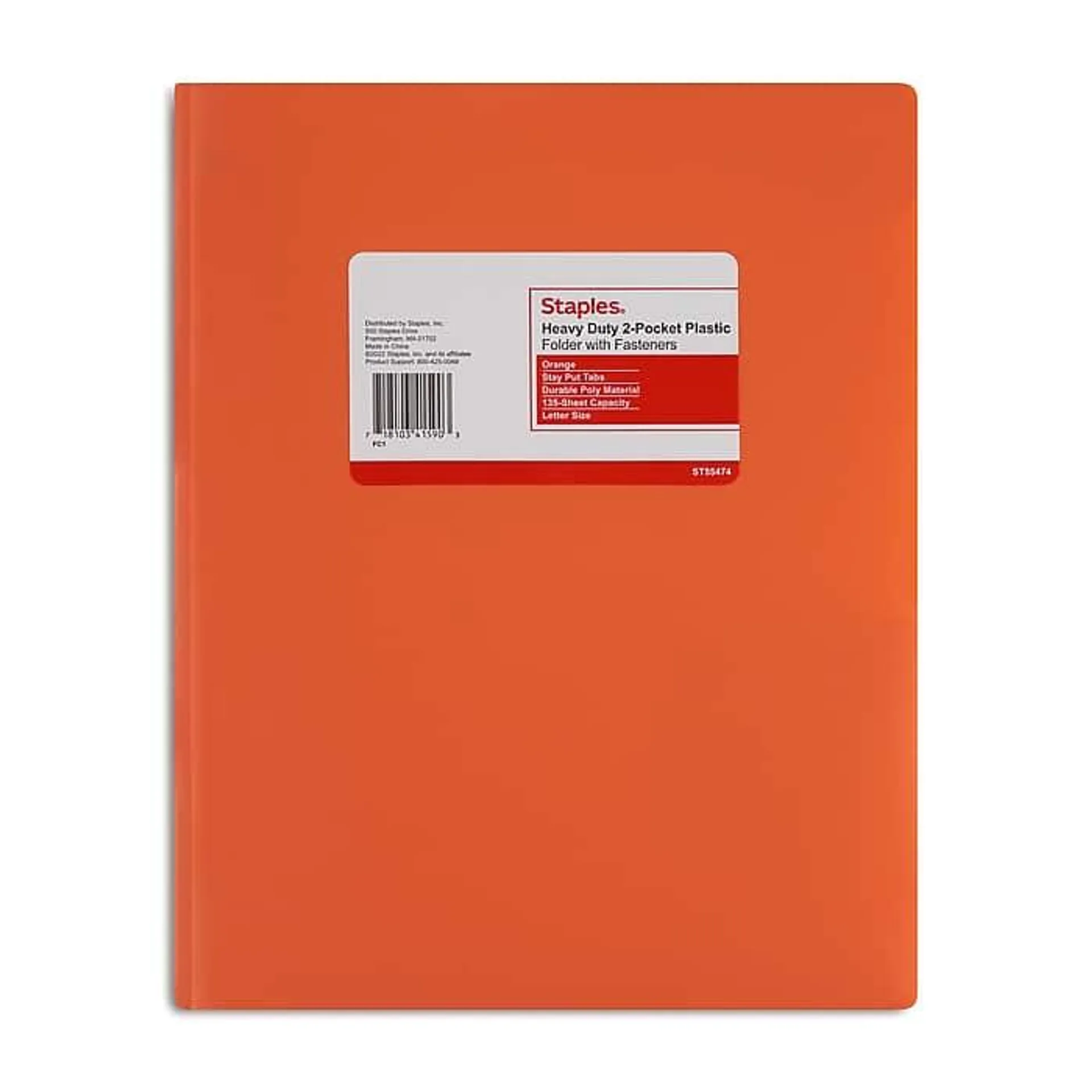 Staples Matte 2-Pocket Plastic Portfolio Folder with Fasteners, Orange (ST55474-CC)