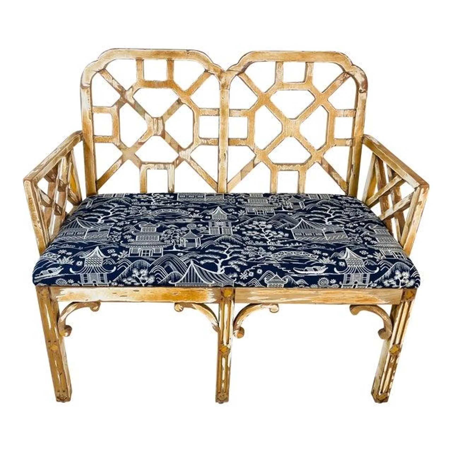 Vintage Coastal Chinoiserie Chippendale Bench