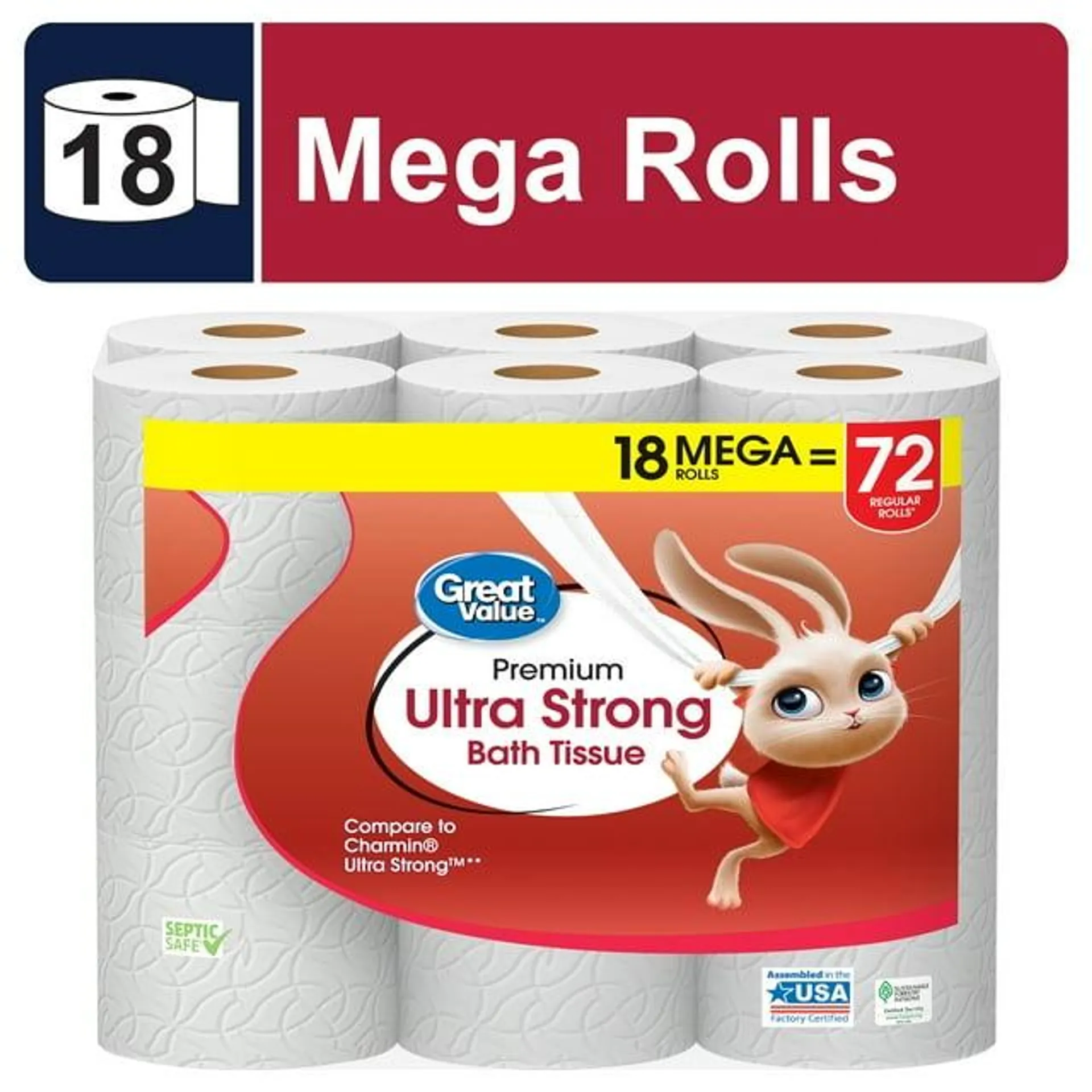 Great Value Ultra Strong Toilet Paper, 18 Mega Rolls