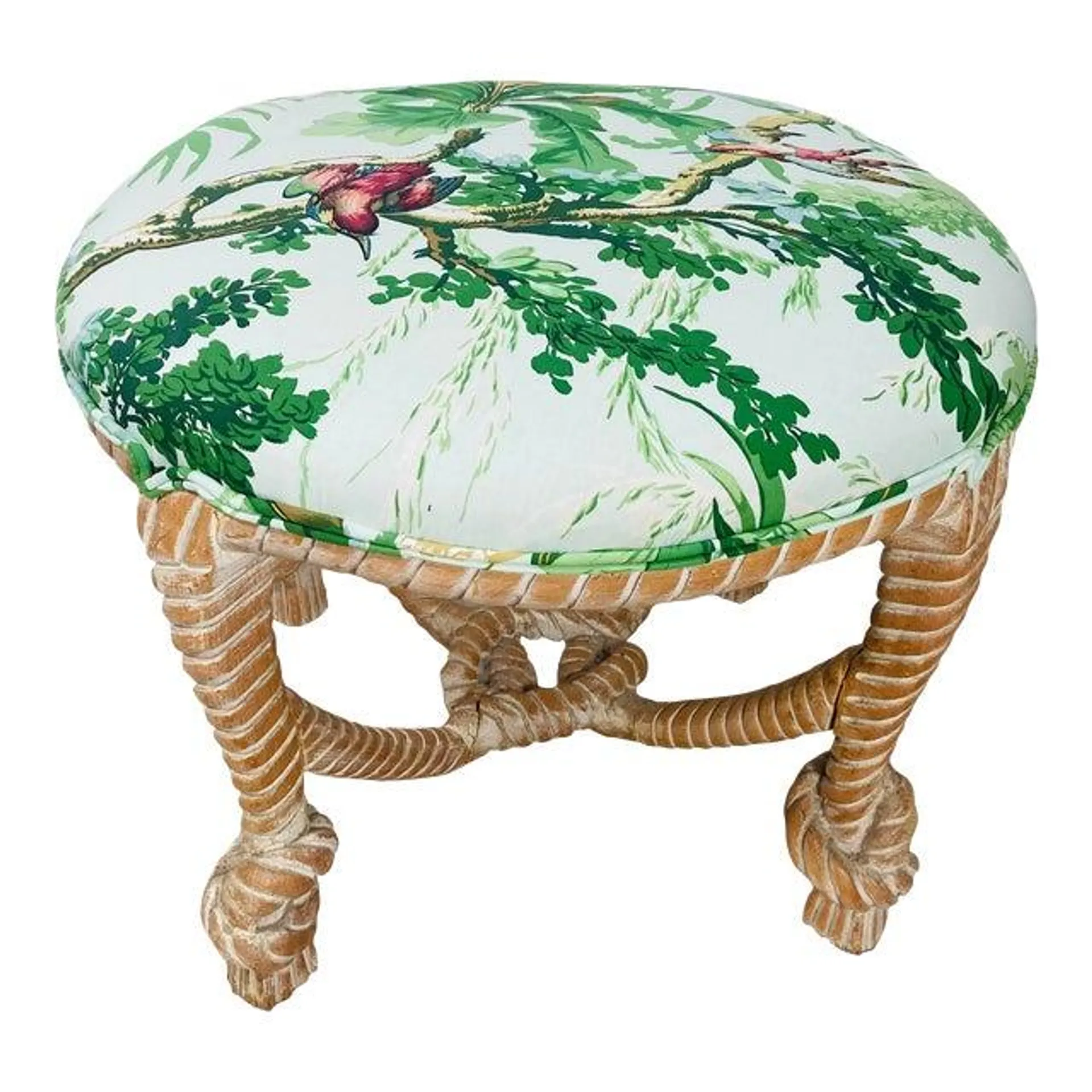 Vintage Rope and Knot Ottoman Reupholstered in Vintage Schumacher