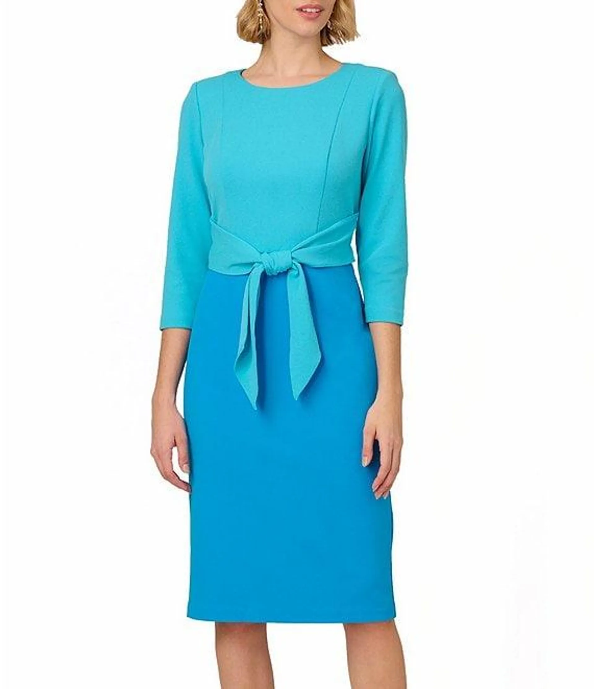 Color Block Crew Neck 3/4 Sleeve Tie Front Dress