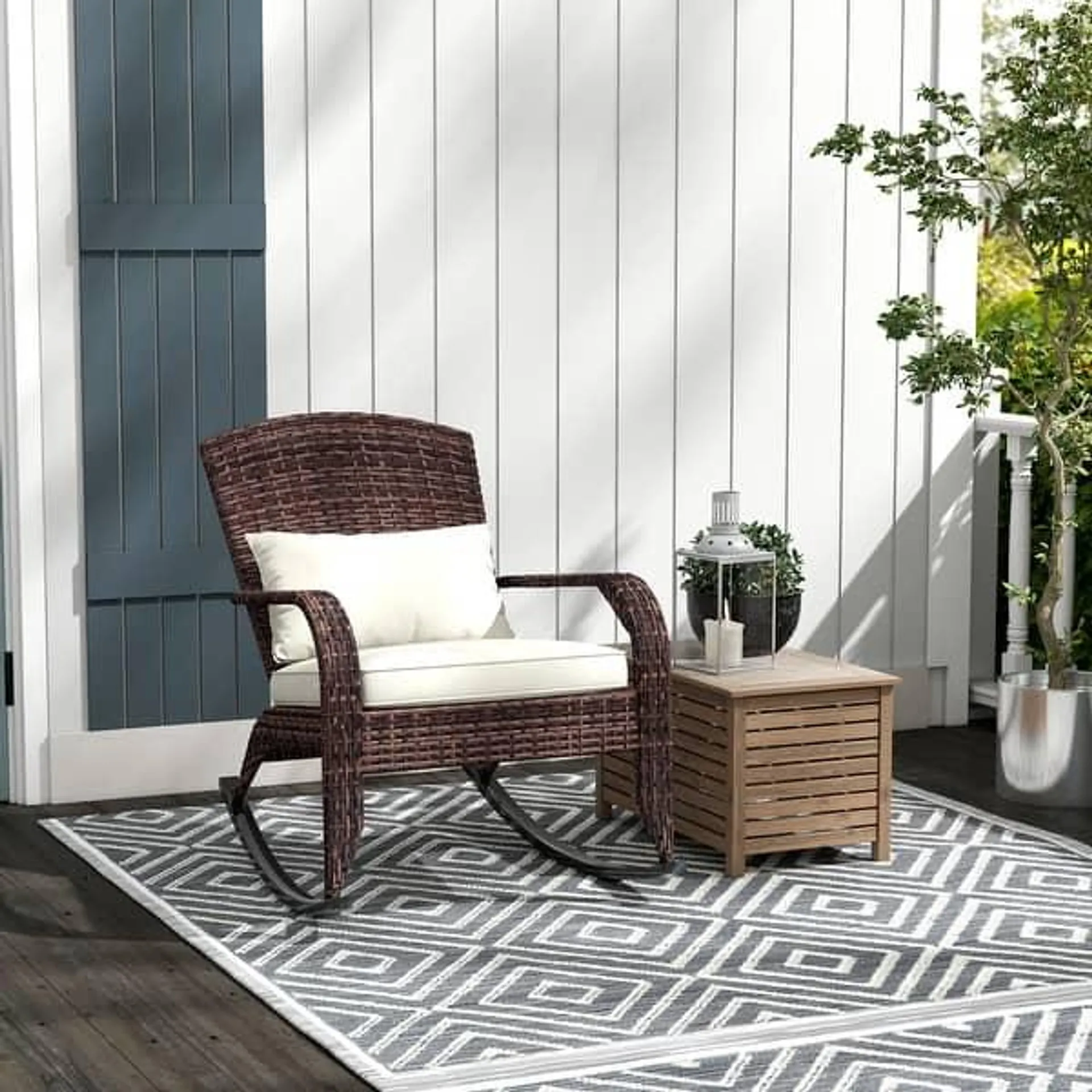 Outsunny Outdoor Wicker Adirondack Rocking Chair, Patio Rattan Rocker Chair with High Back, Seat Cushion, and Pillow for Garden