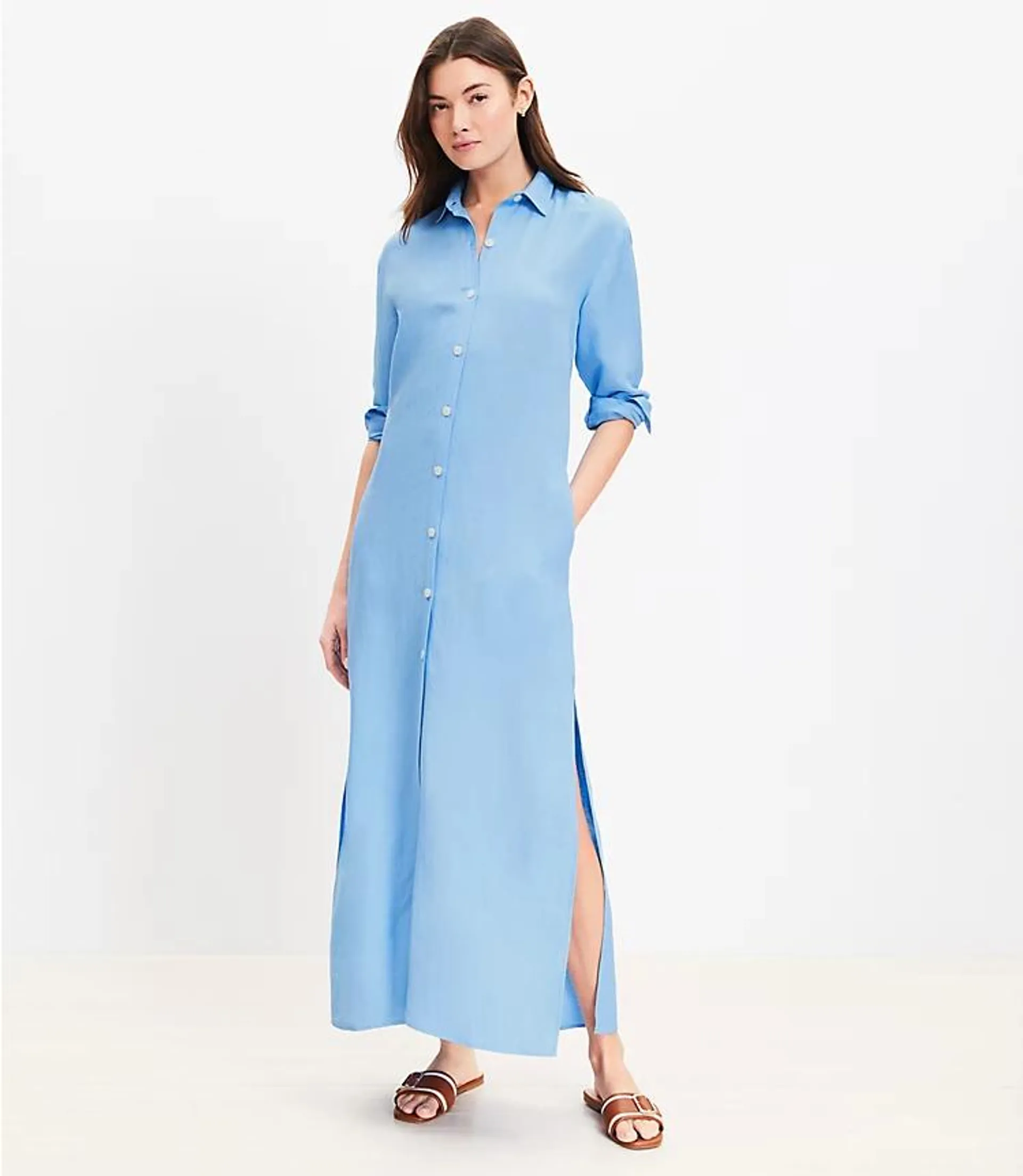 Linen Blend Pocket Maxi Shirtdress